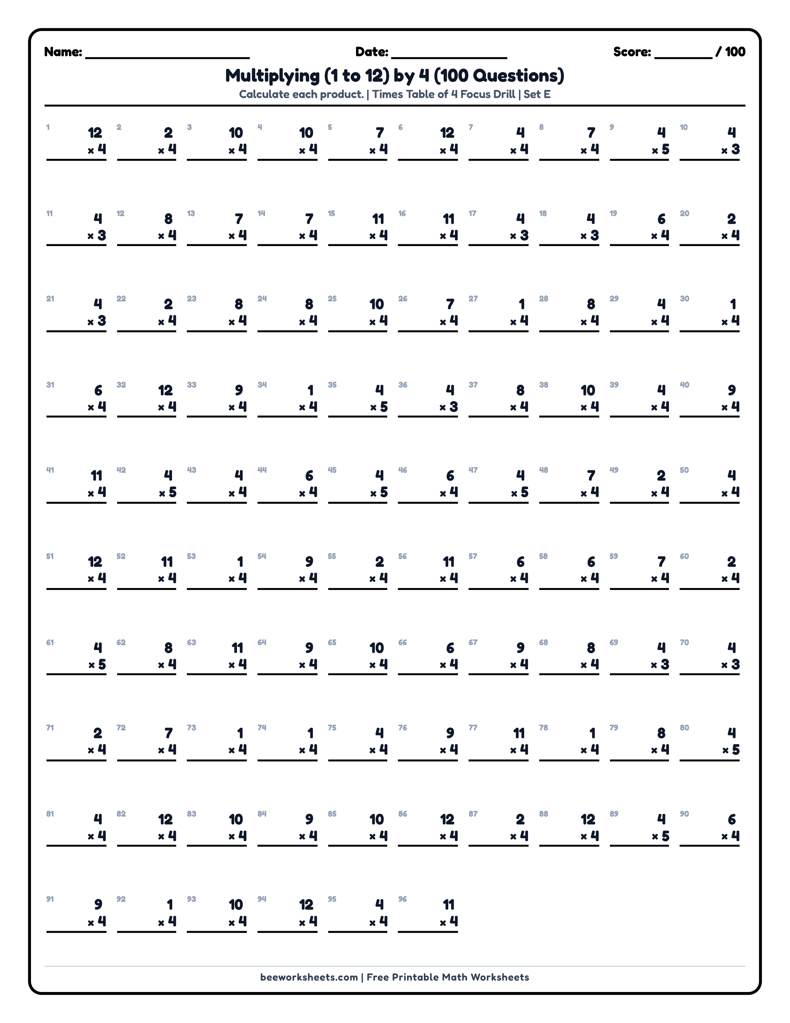 Multiply by 4 Times Table (Set E) Math Worksheet Preview