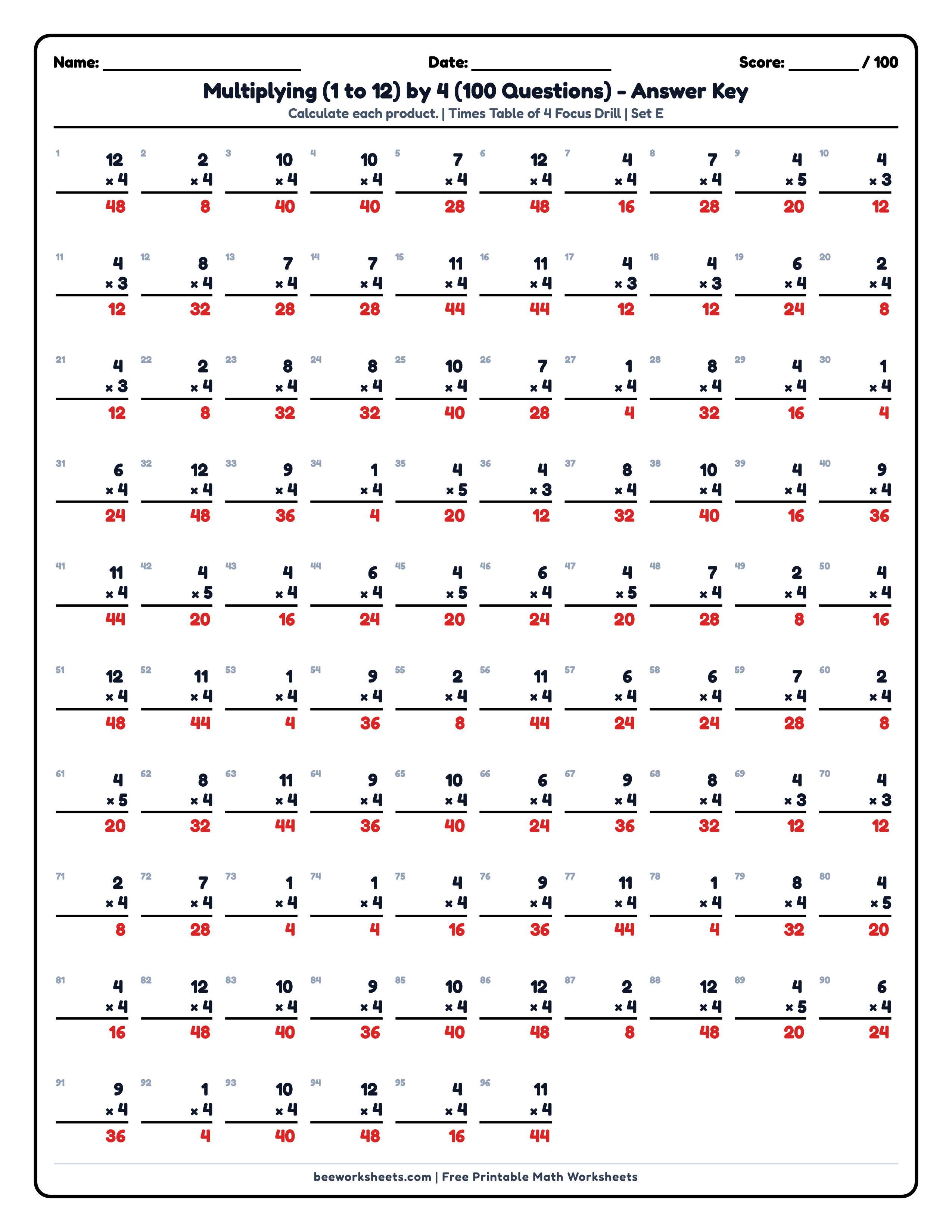 Teacher answer key and solutions preview for Multiply by 4 Times Table (Set E) Math Worksheet printable PDF