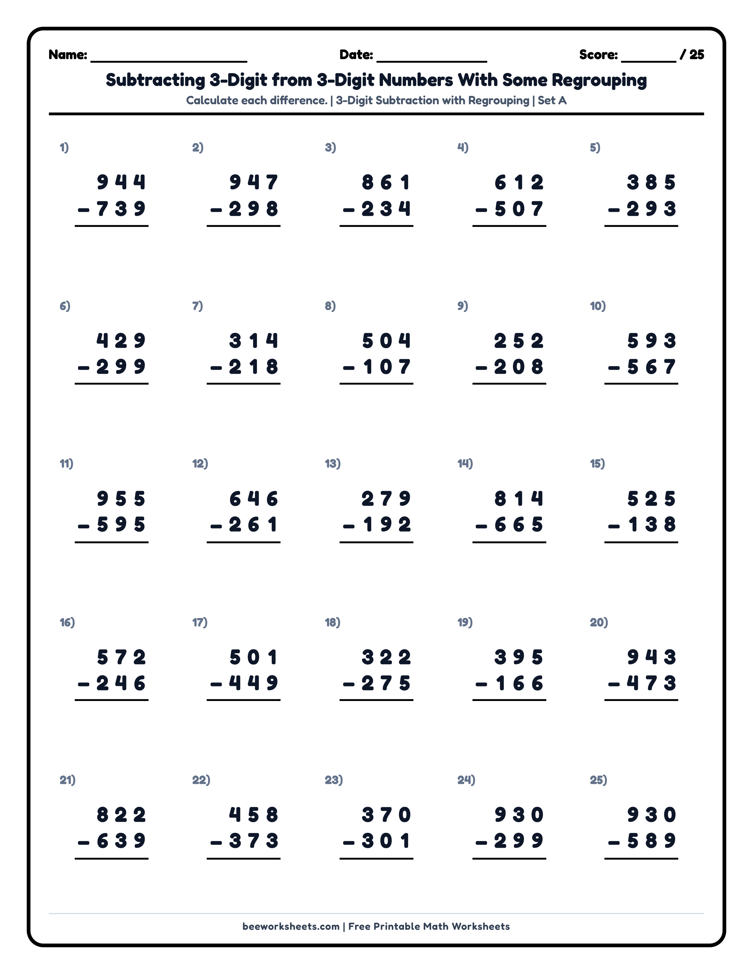 3-Digit Subtraction with Regrouping (Set A) Math Worksheet Preview
