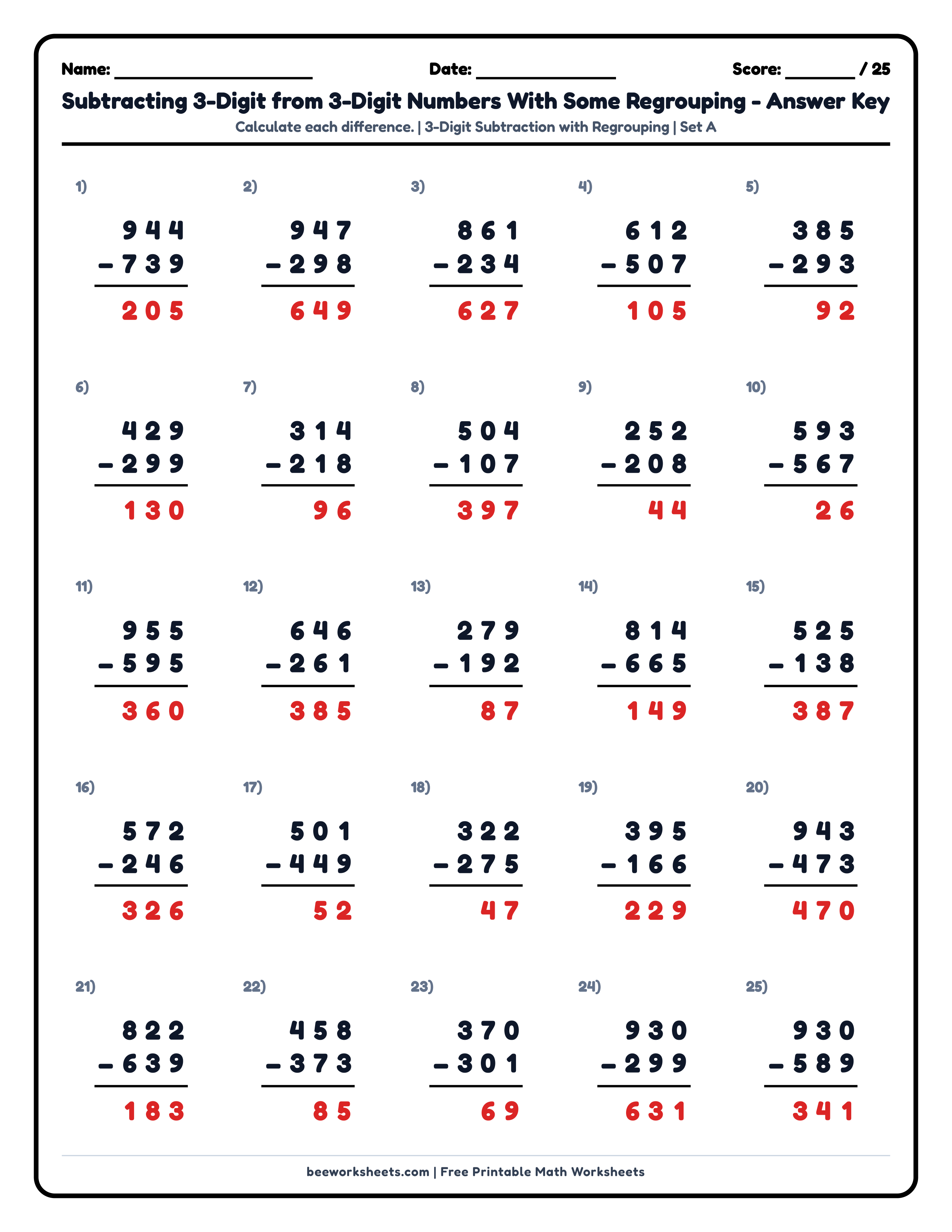 Teacher answer key and solutions preview for 3-Digit Subtraction with Regrouping (Set A) Math Worksheet printable PDF