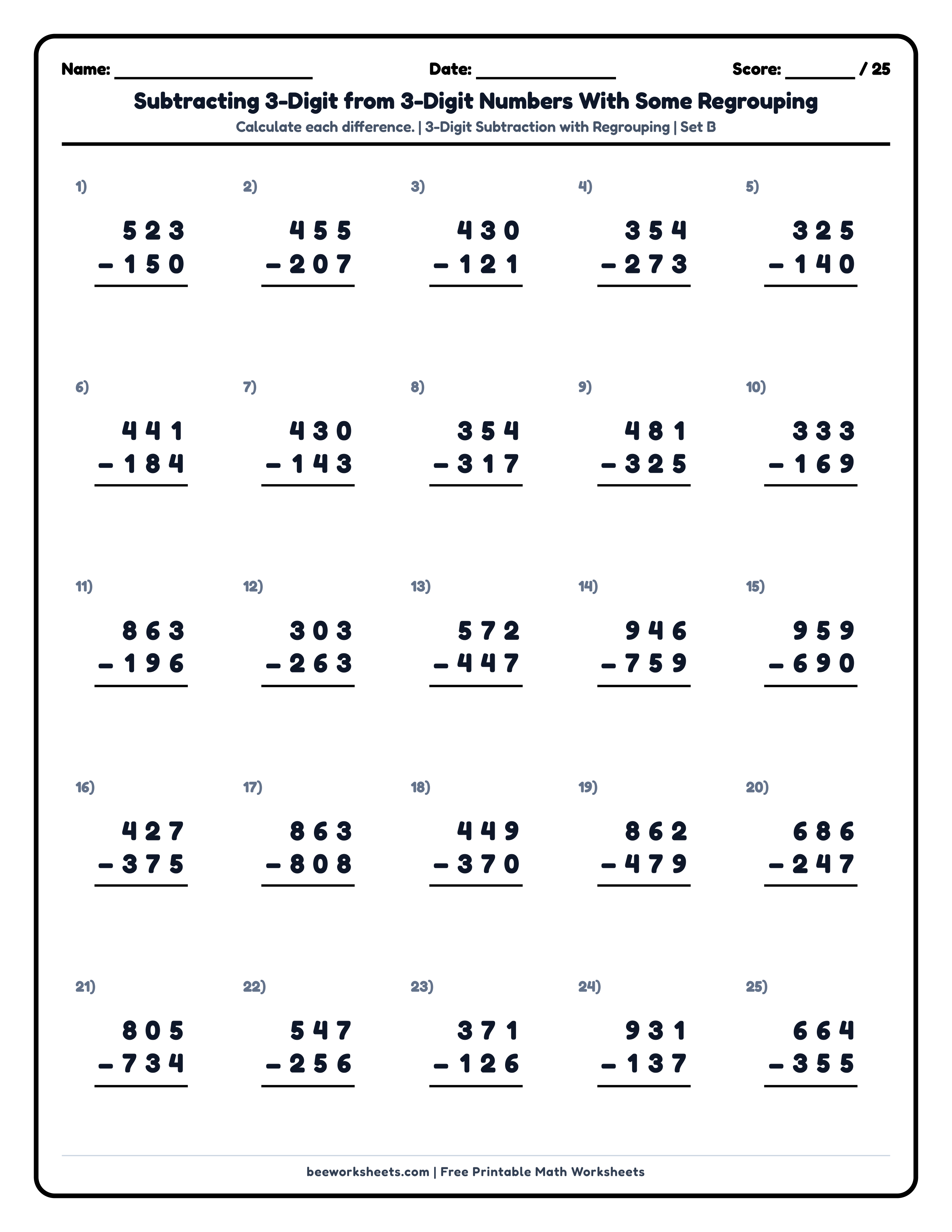 3-Digit Subtraction with Regrouping (Set B) Math Worksheet Preview