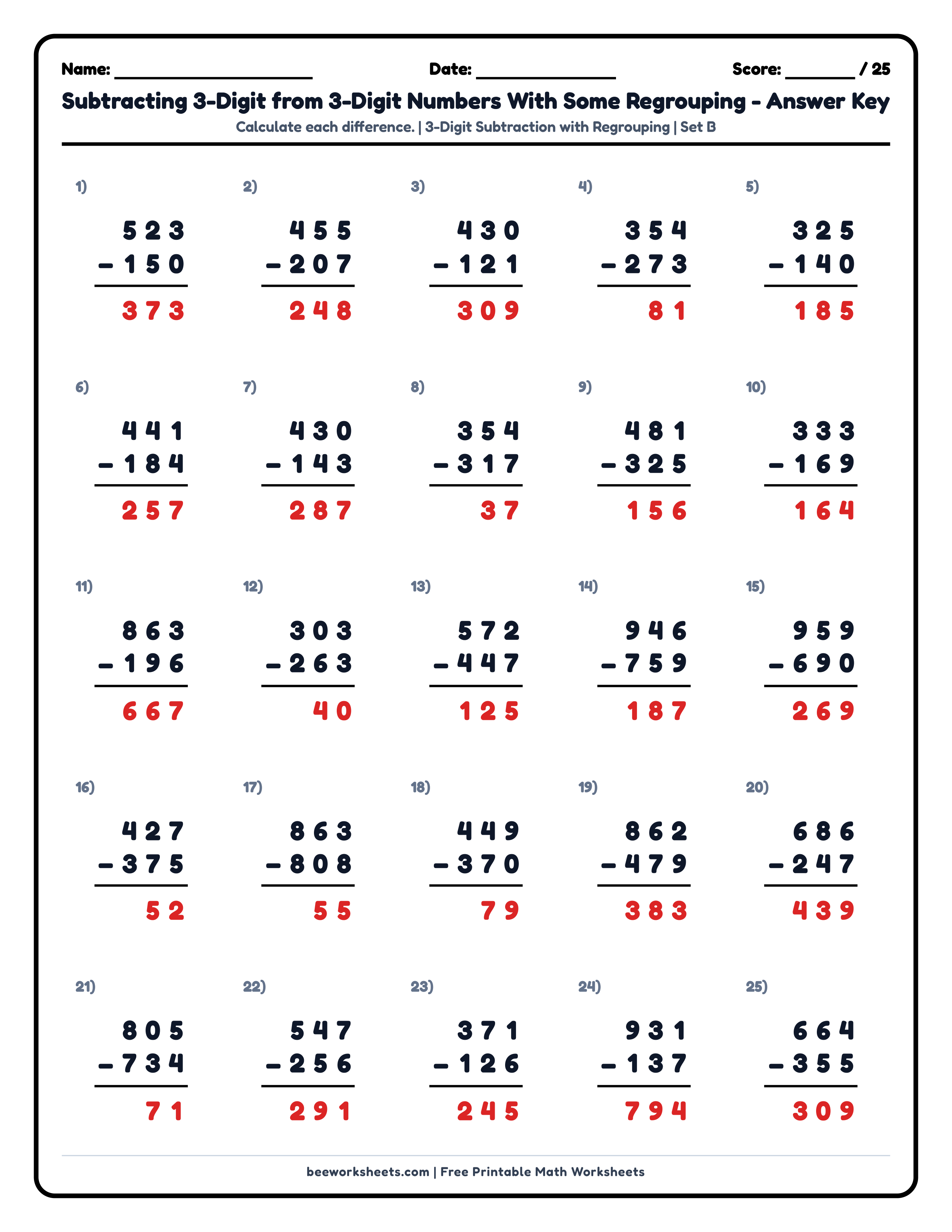 Teacher answer key and solutions preview for 3-Digit Subtraction with Regrouping (Set B) Math Worksheet printable PDF