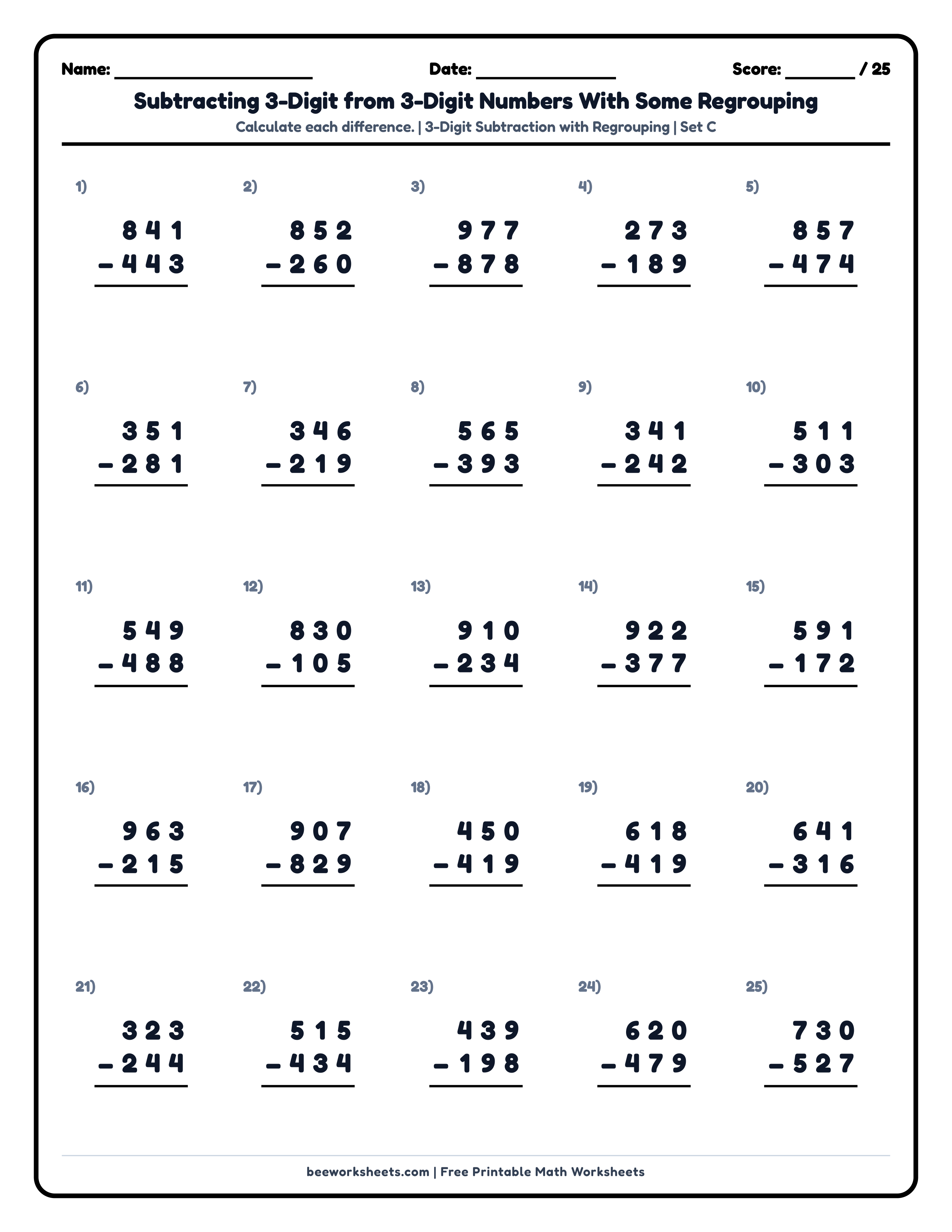 3-Digit Subtraction with Regrouping (Set C) Math Worksheet Preview