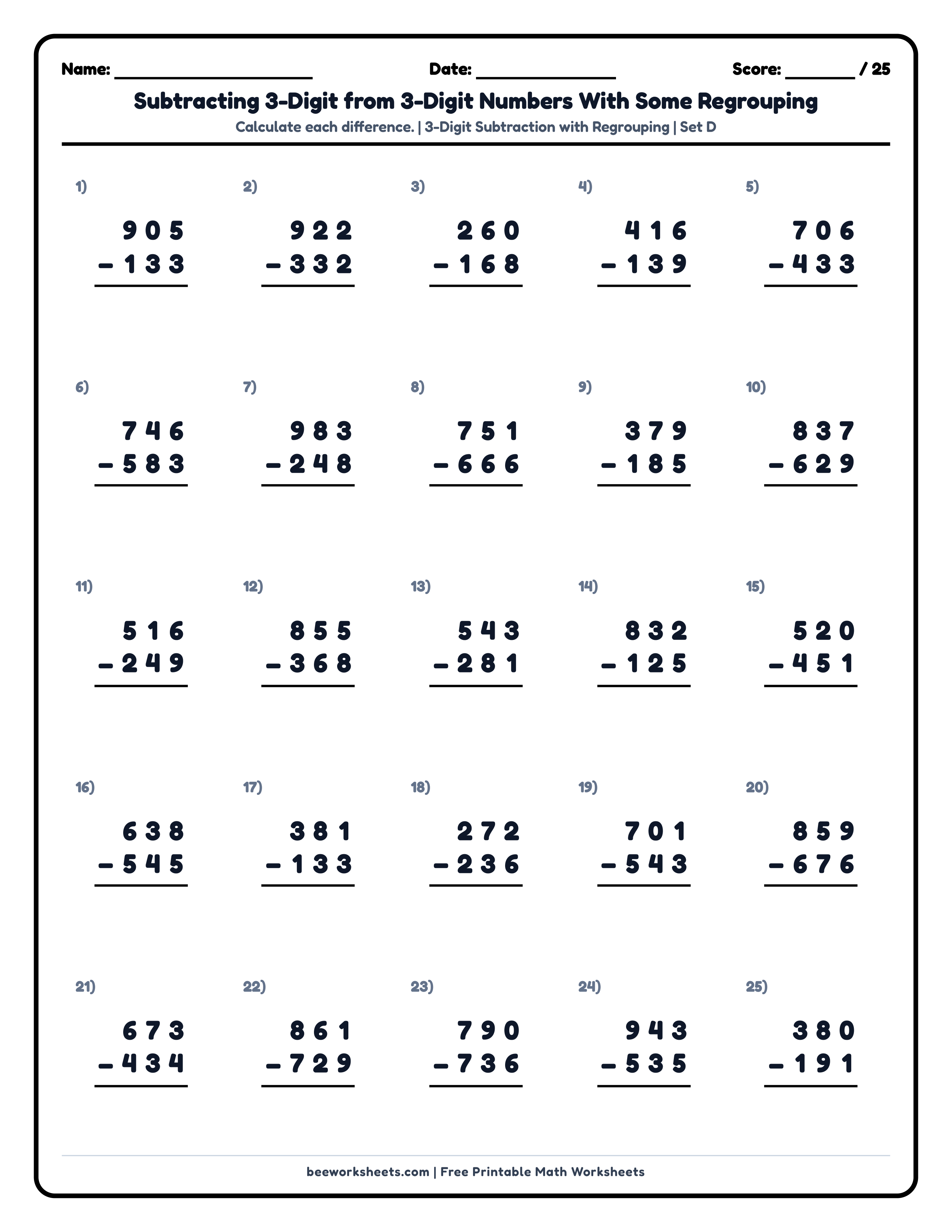 3-Digit Subtraction with Regrouping (Set D) Math Worksheet Preview