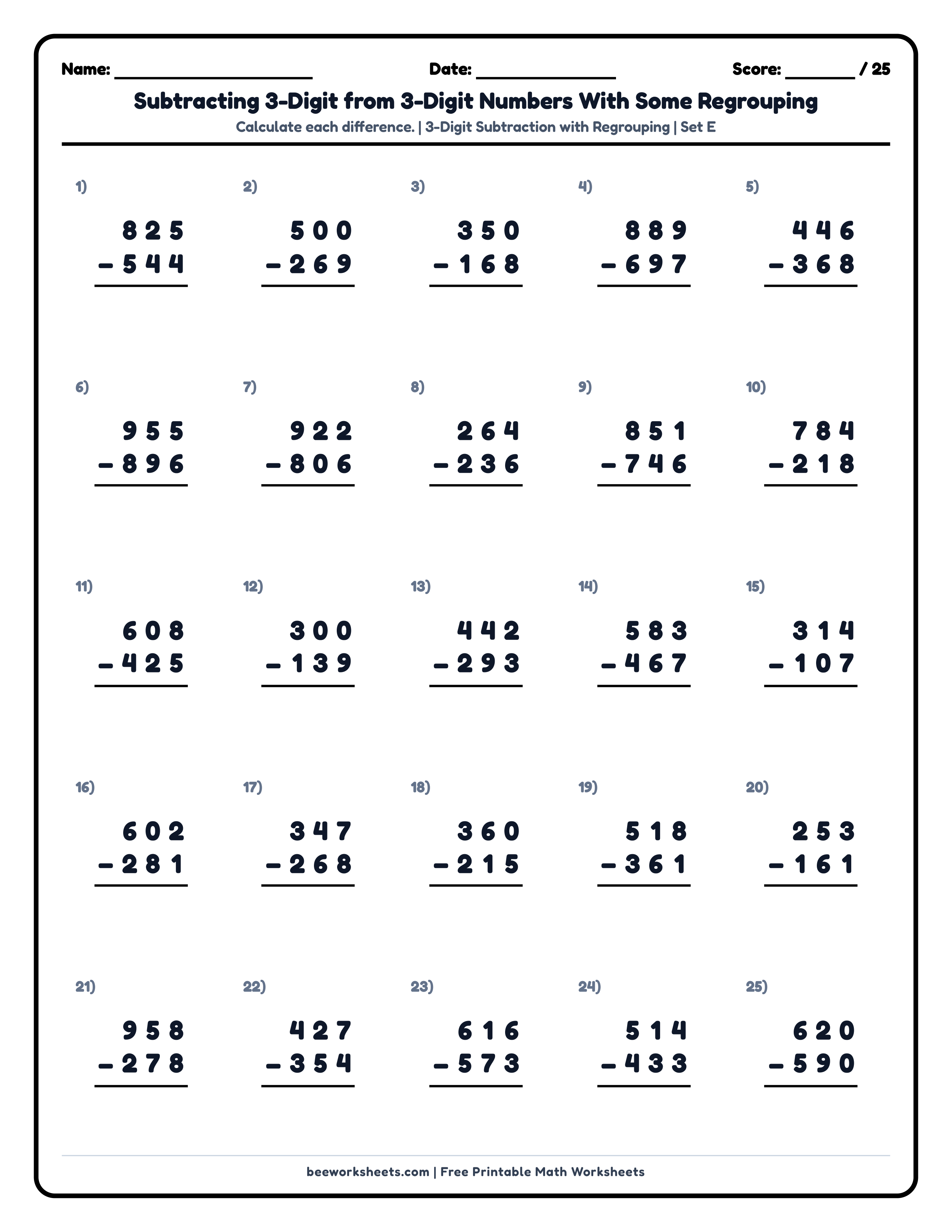 3-Digit Subtraction with Regrouping (Set E) Math Worksheet Preview