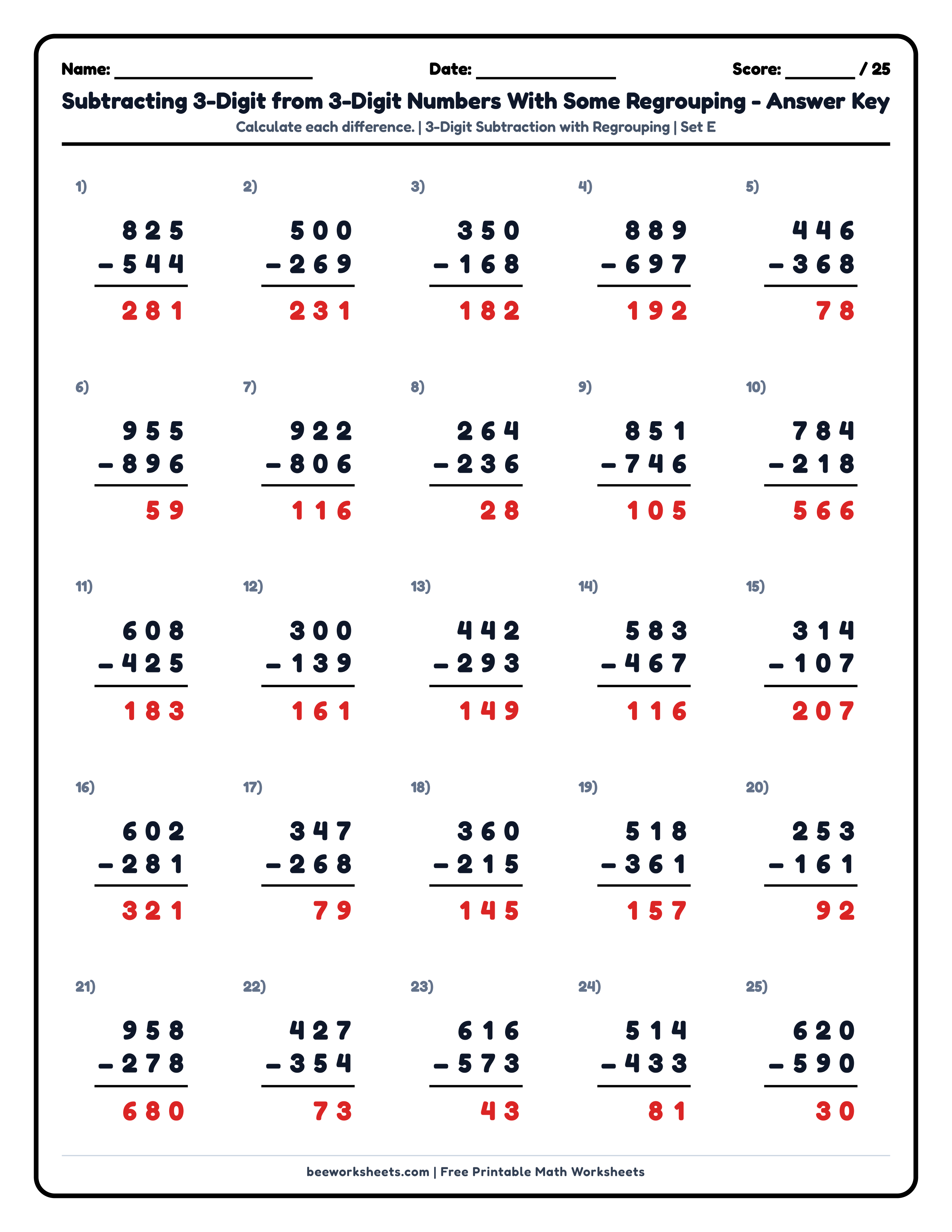 Teacher answer key and solutions preview for 3-Digit Subtraction with Regrouping (Set E) Math Worksheet printable PDF