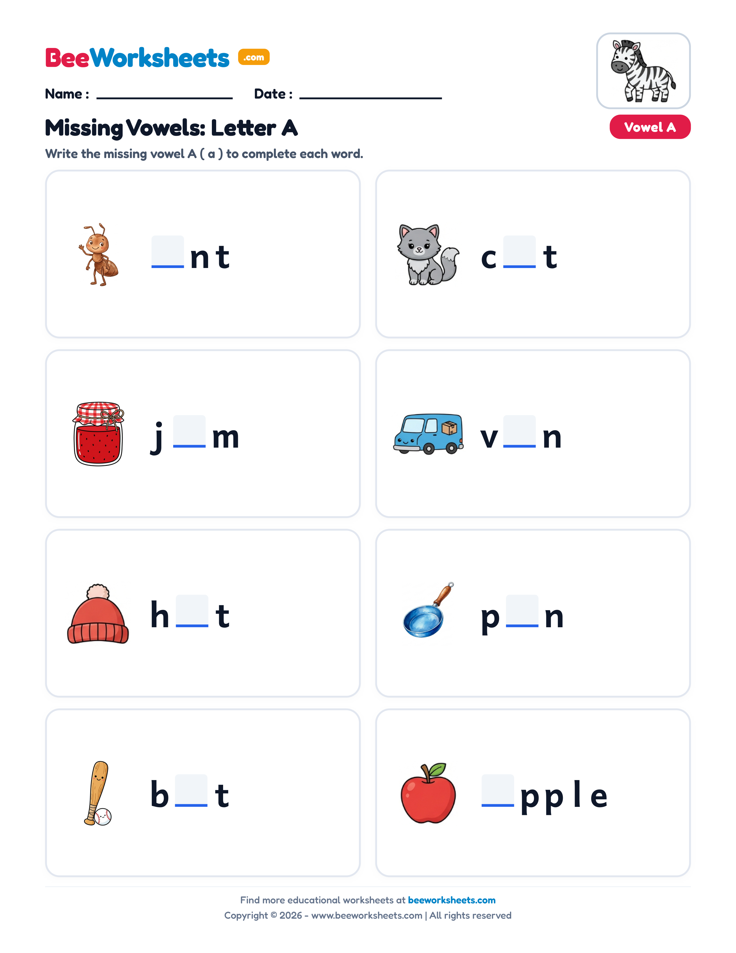 Missing Letters: Short Vowel A Phonics Worksheet Preview