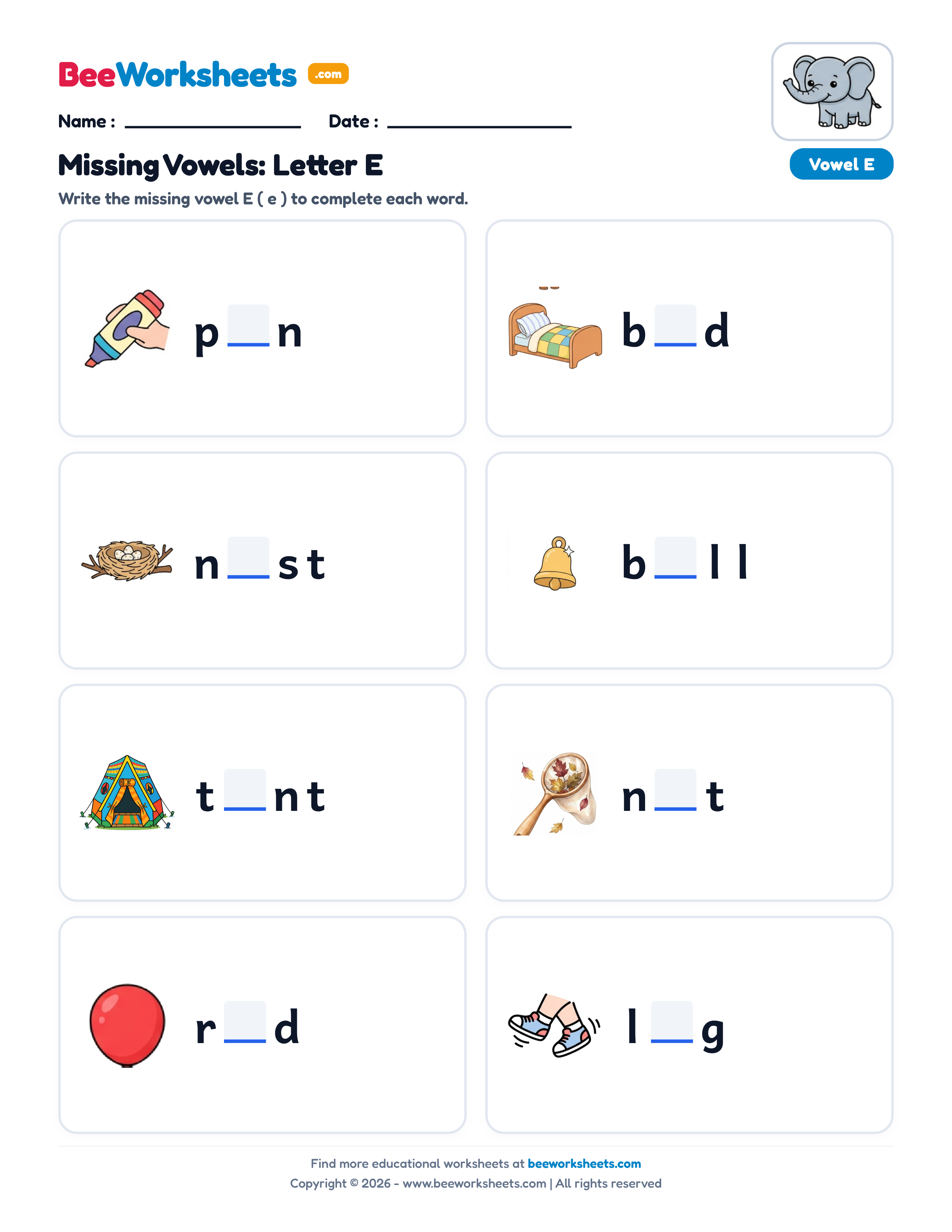 Missing Letters: Short Vowel E Phonics Worksheet Preview