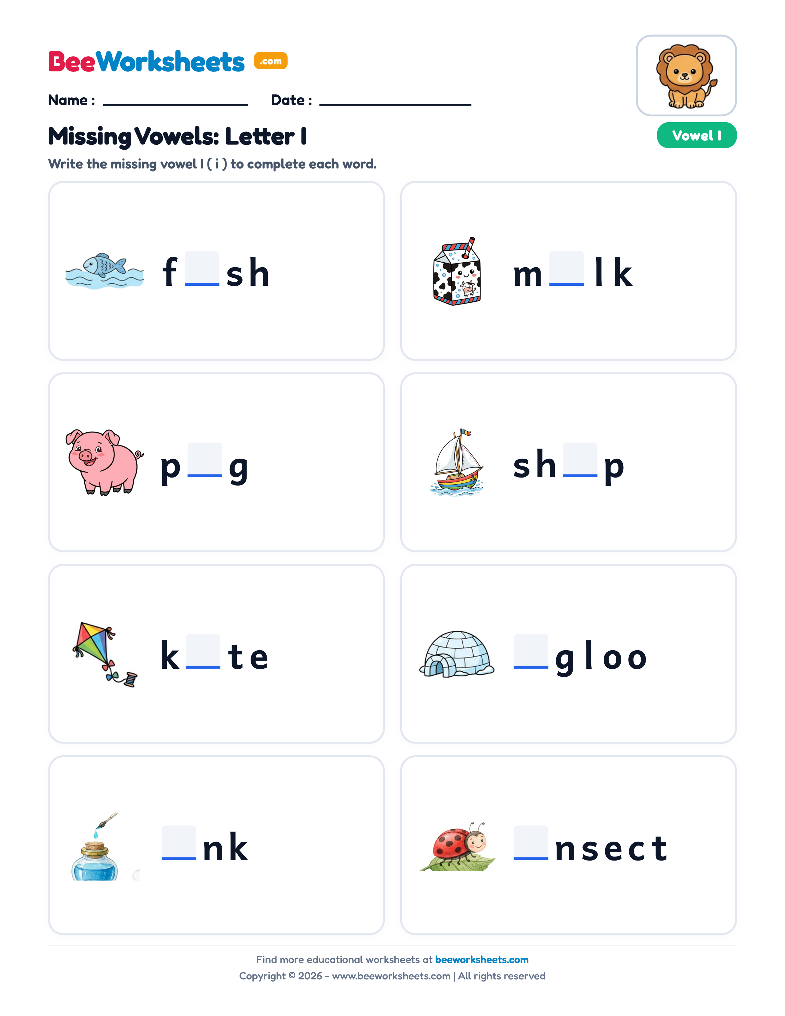 Missing Letters: Short Vowel I Phonics Worksheet Preview