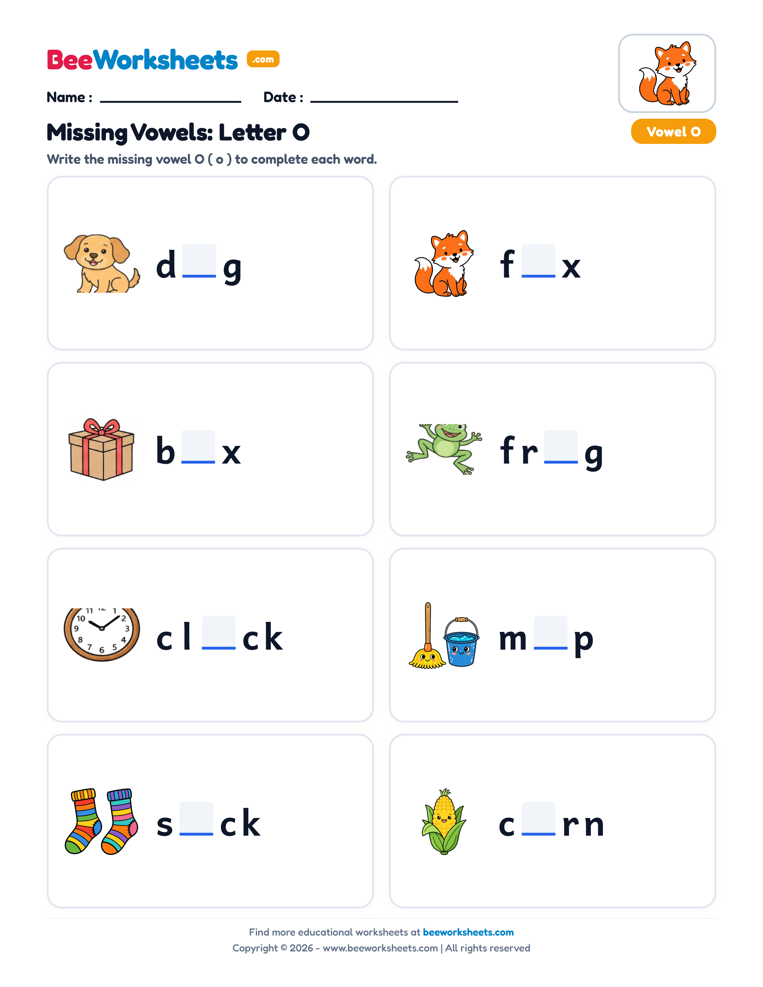 Missing Letters: Short Vowel O Phonics Worksheet Preview
