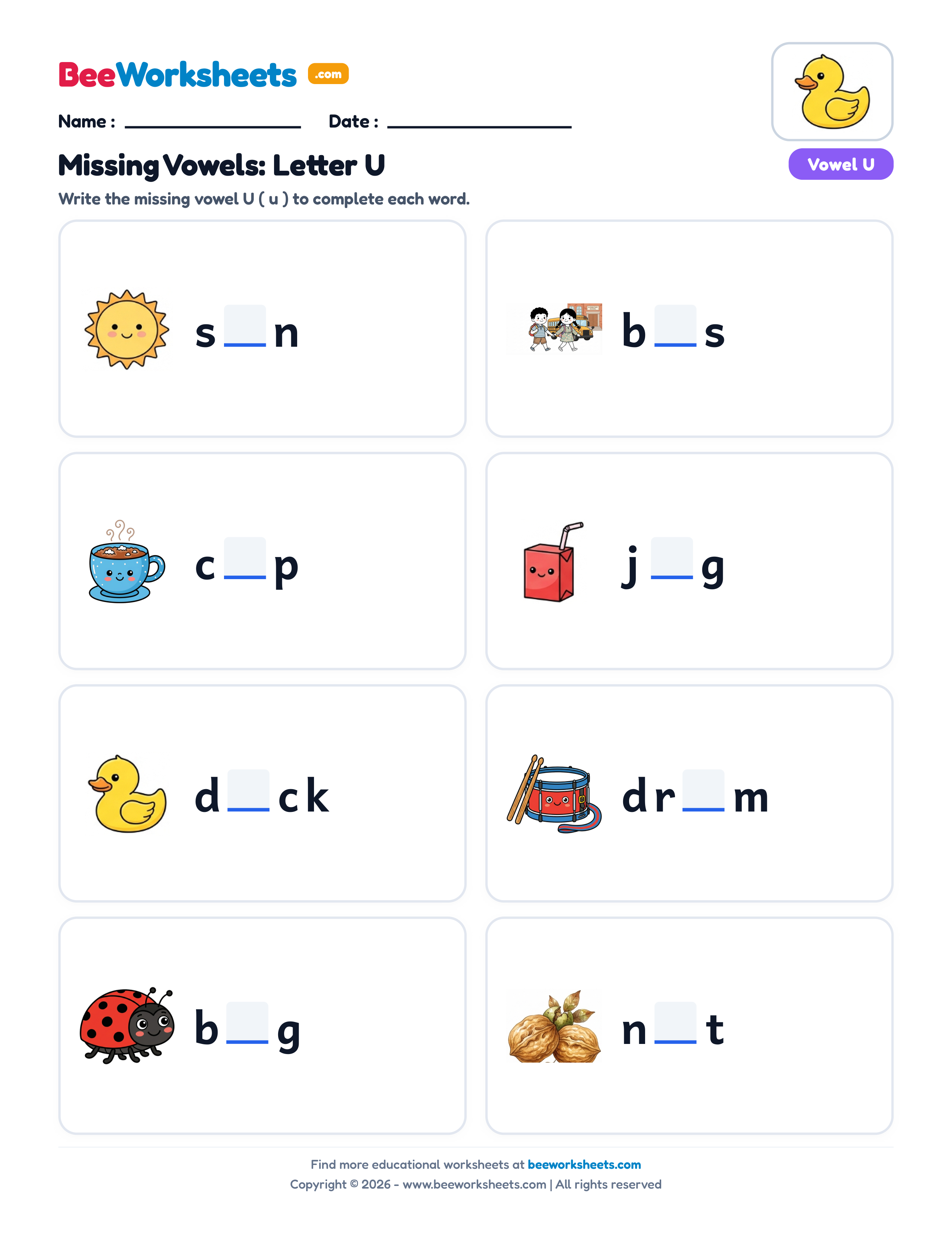 Missing Letters: Short Vowel U Phonics Worksheet Preview
