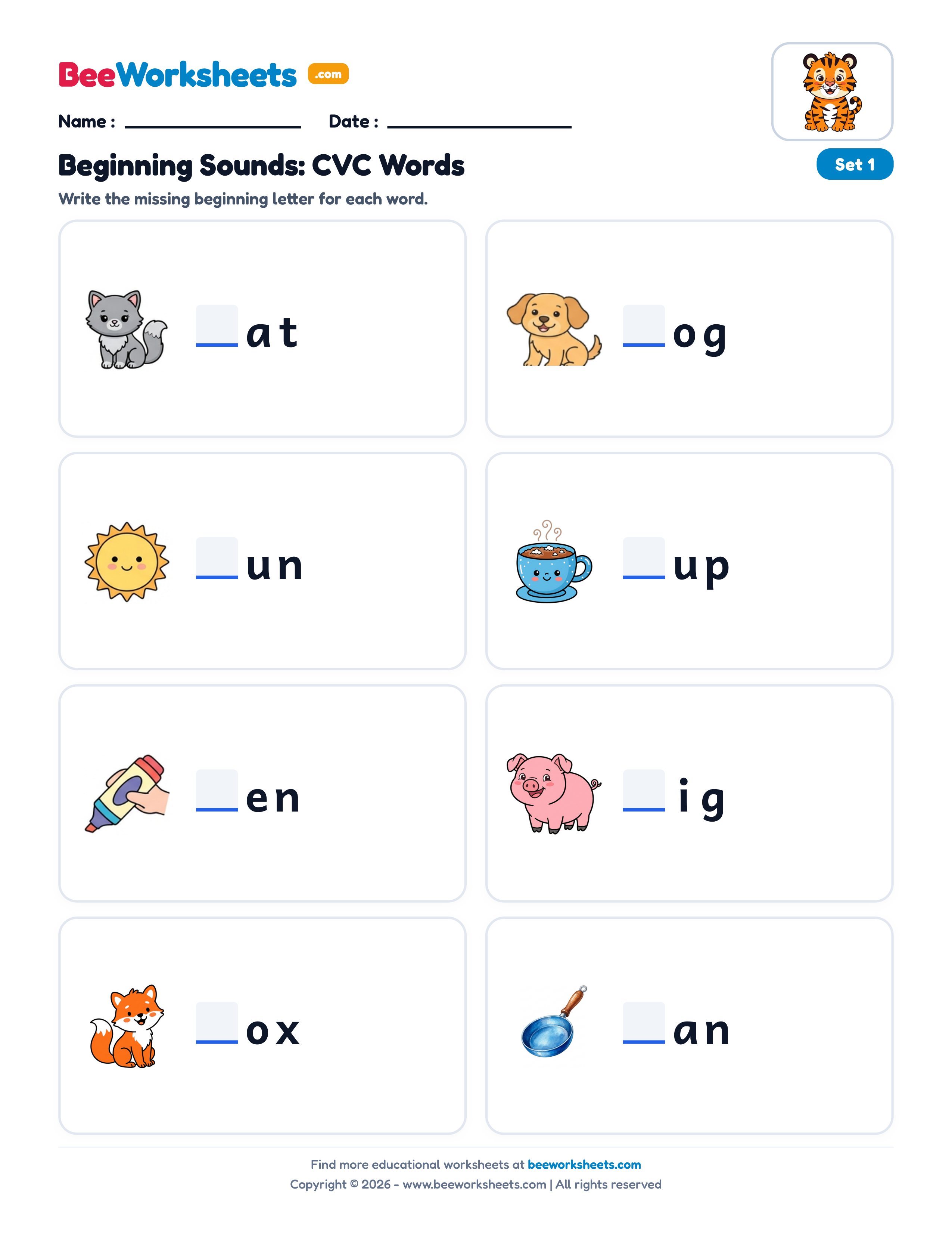 Missing Letters: Beginning Consonants Worksheet (Set 1) Preview