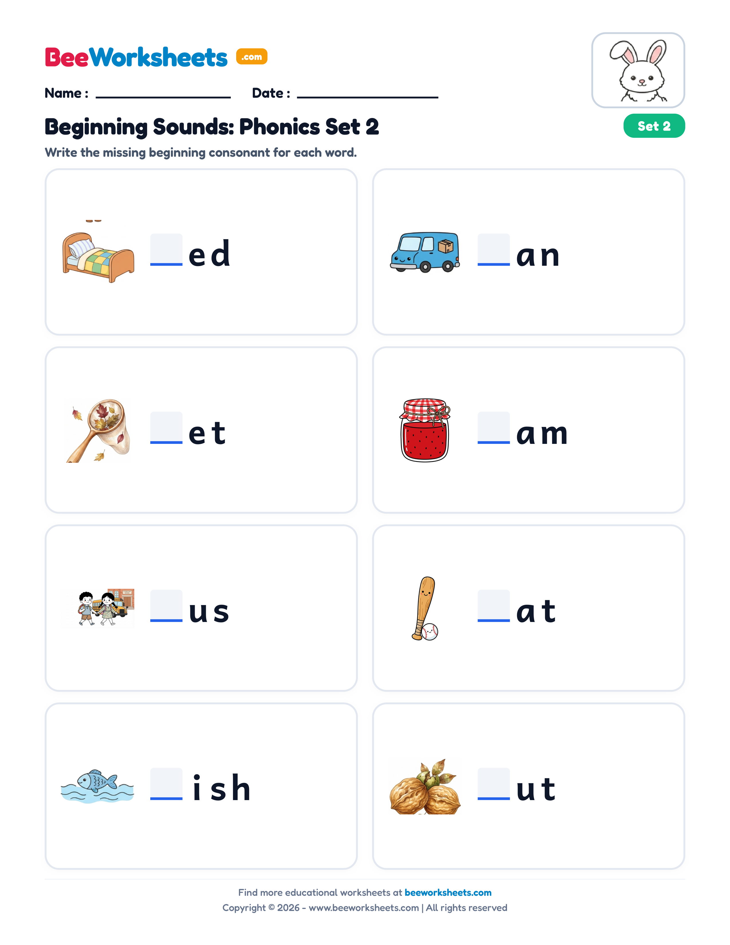 Missing Letters: Beginning Consonants Worksheet (Set 2) Preview