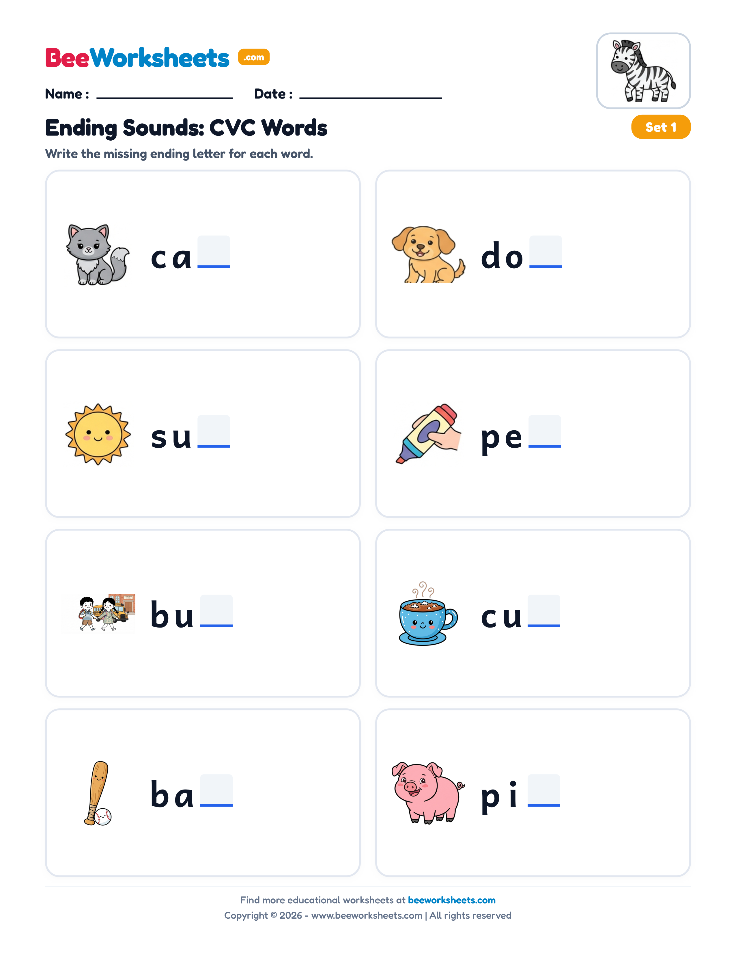 Missing Letters: Ending Consonants Worksheet (Set 1) Preview