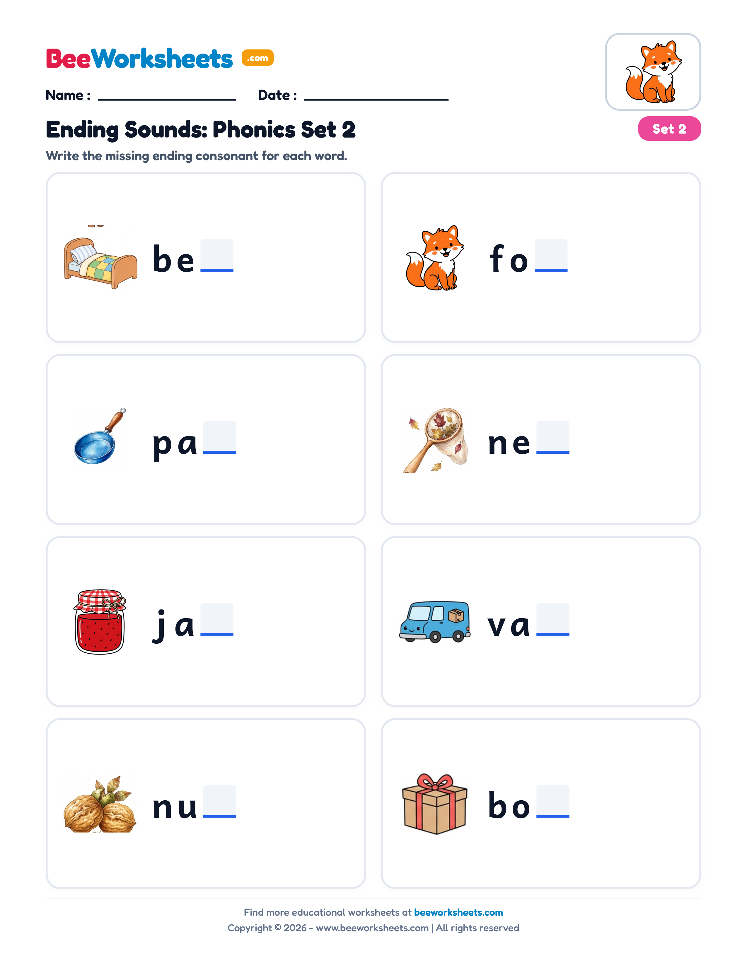 Missing Letters: Ending Consonants Worksheet (Set 2) Preview