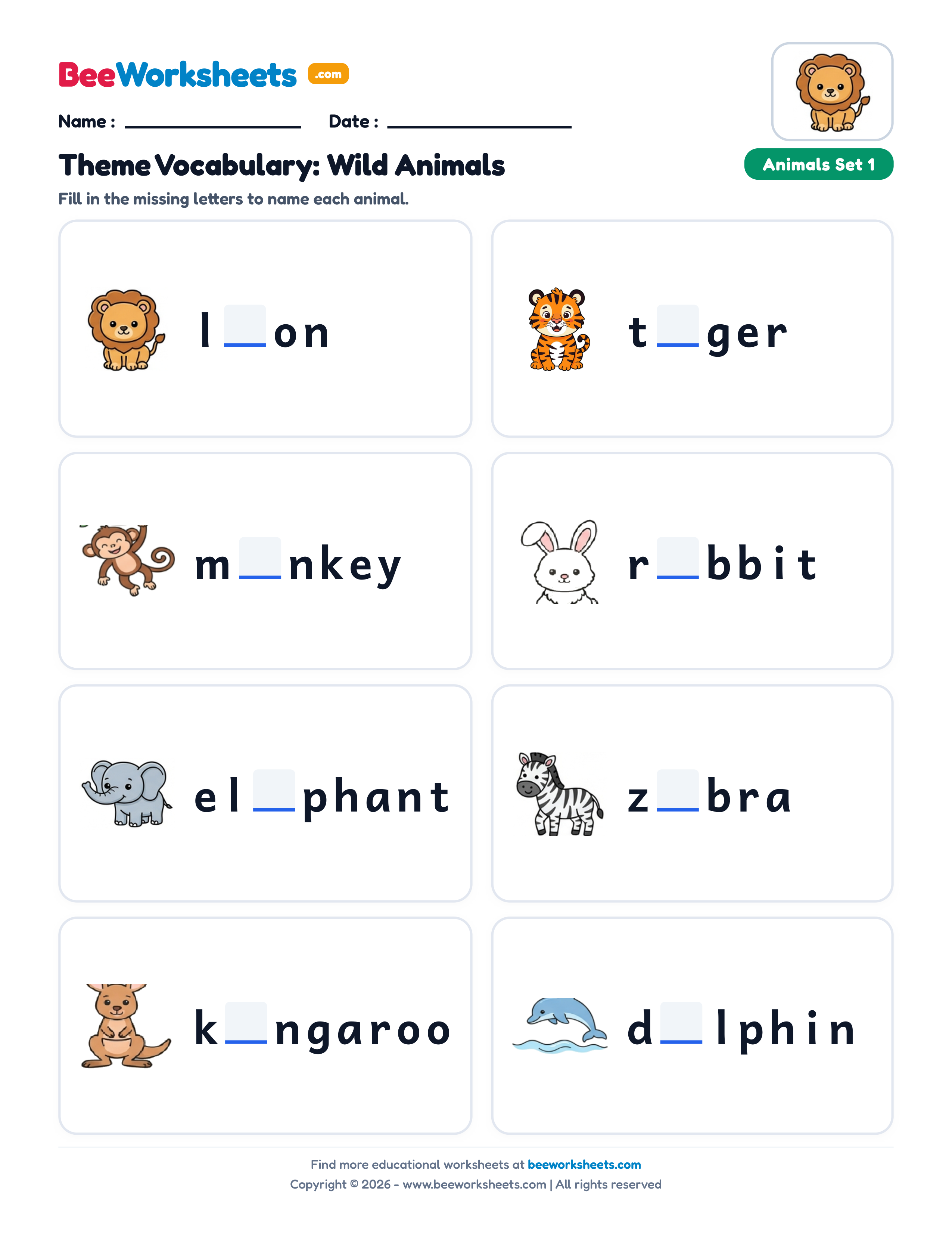 Missing Letters: Wild Animals Vocabulary Worksheet (Set 1) Preview