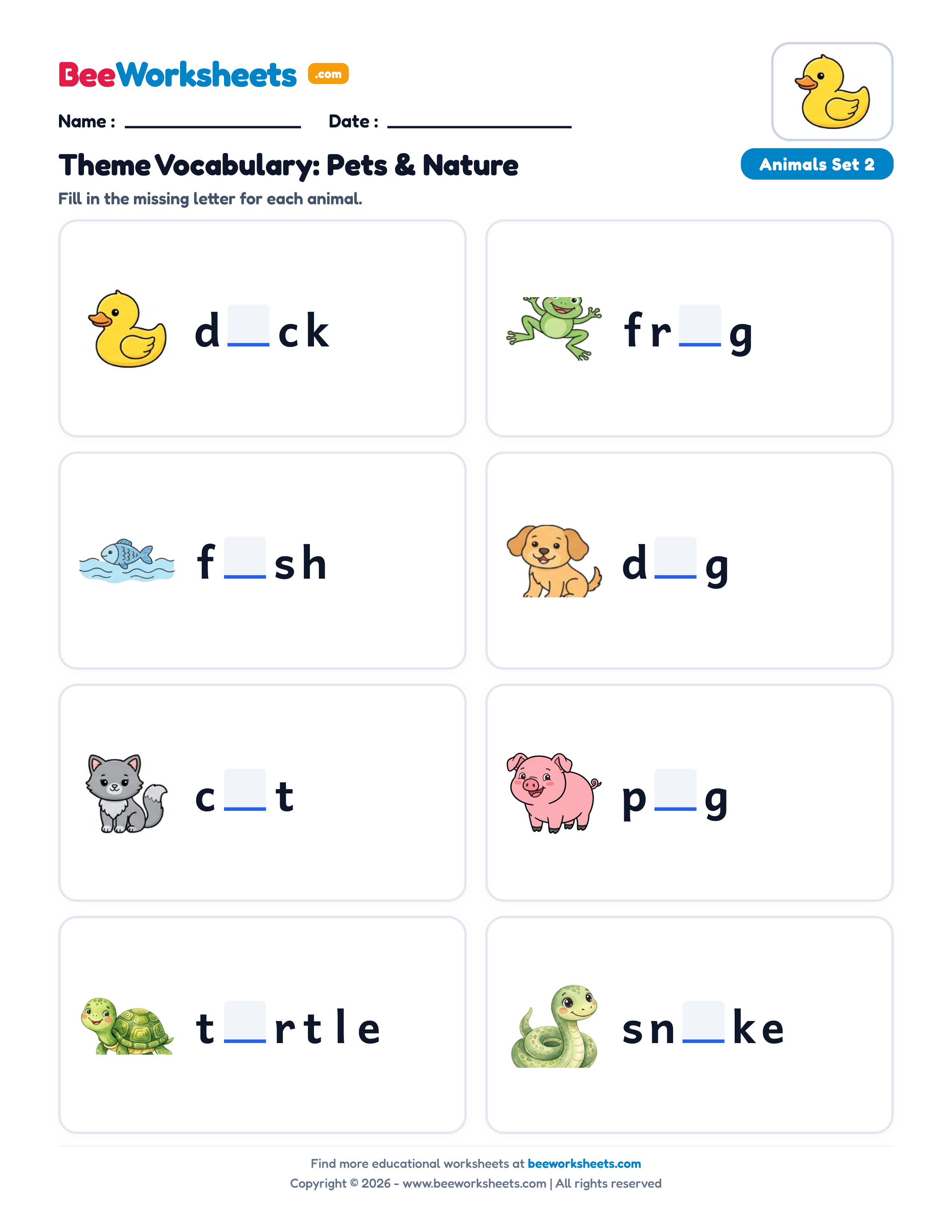 Missing Letters: Pets & Nature Animals Worksheet (Set 2) Preview