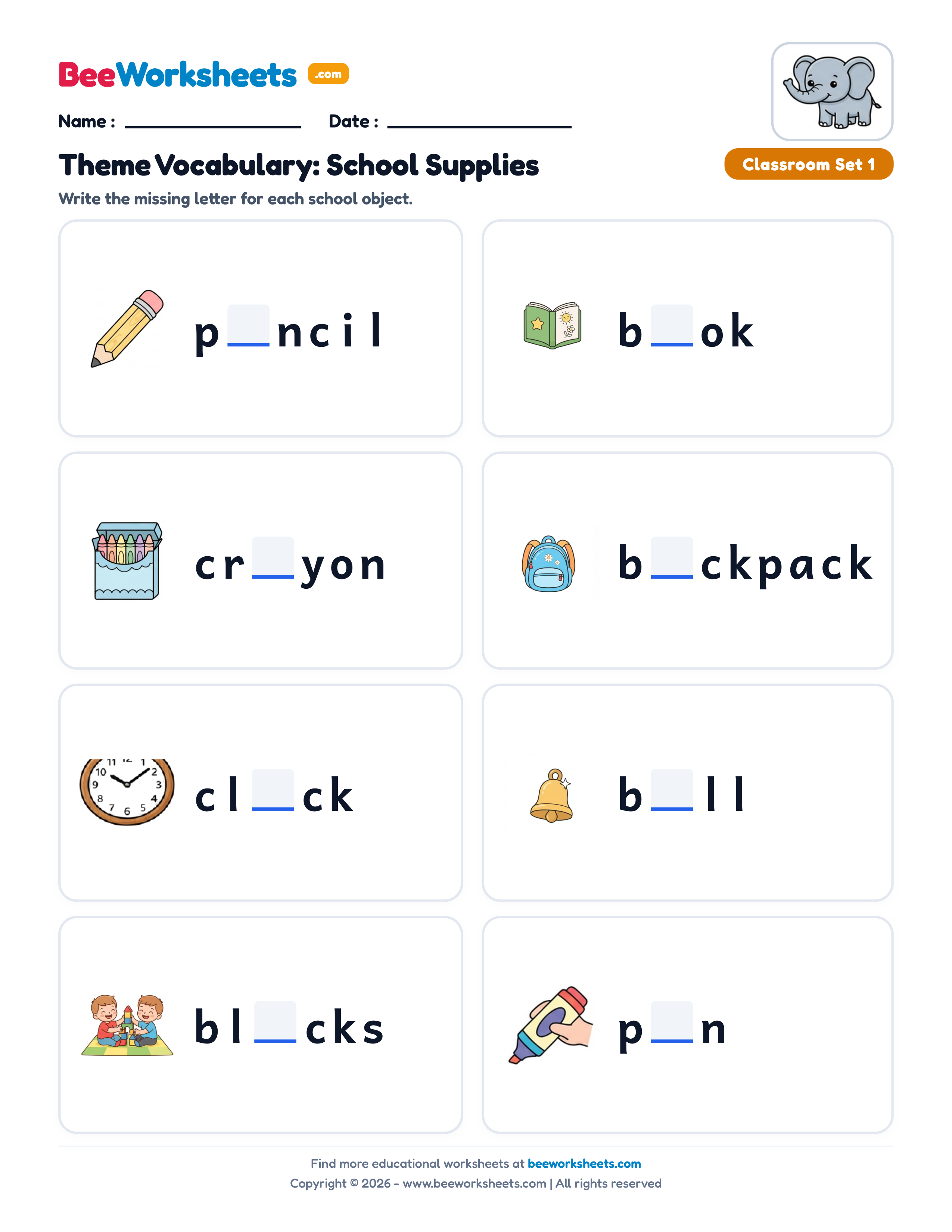 Missing Letters: Classroom Supplies Worksheet (Set 1) Preview