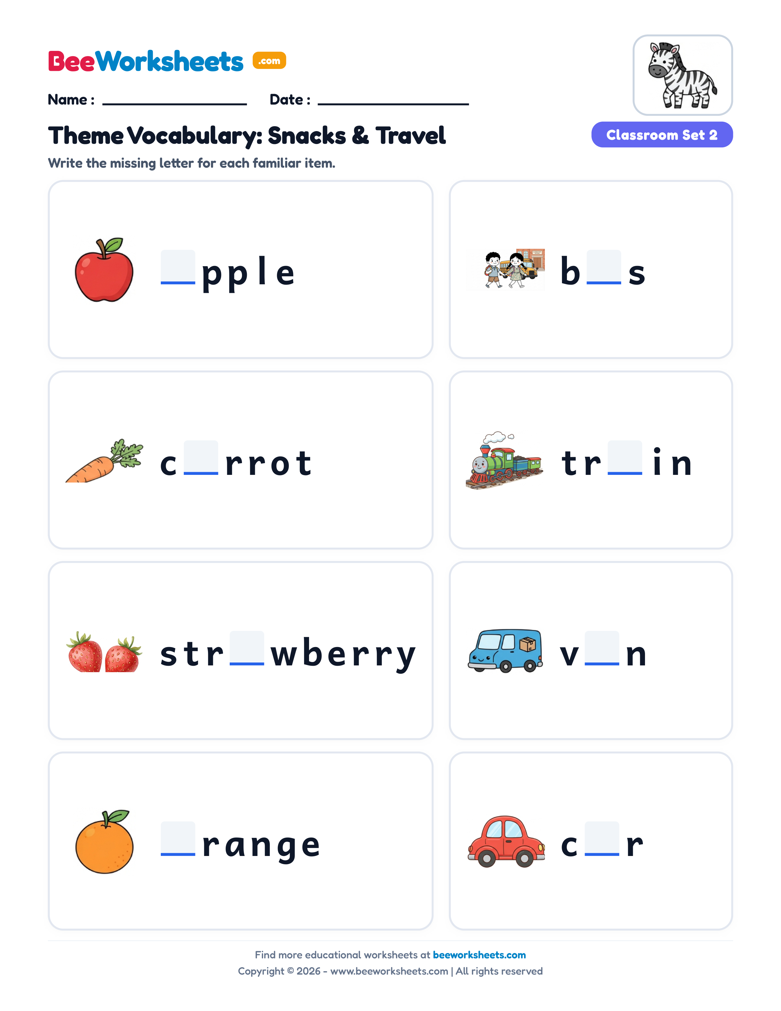 Missing Letters: Food & Transport Vocabulary Worksheet (Set 2) Preview