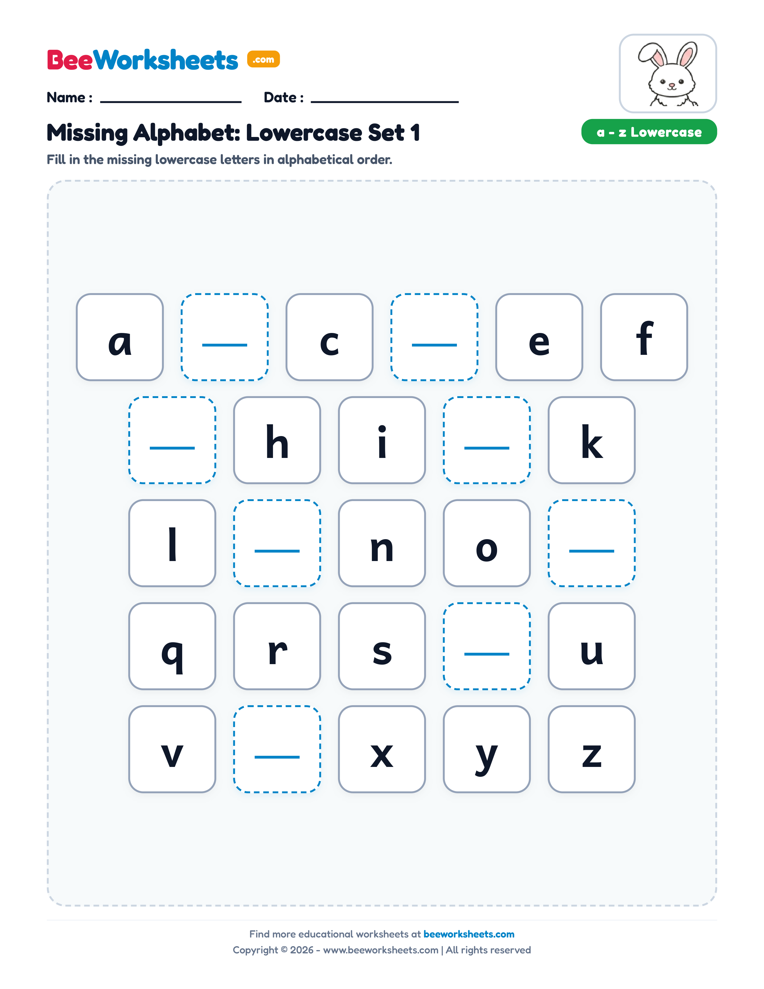 Missing Letters: Lowercase Alphabet Sequence (Set 1) Preview