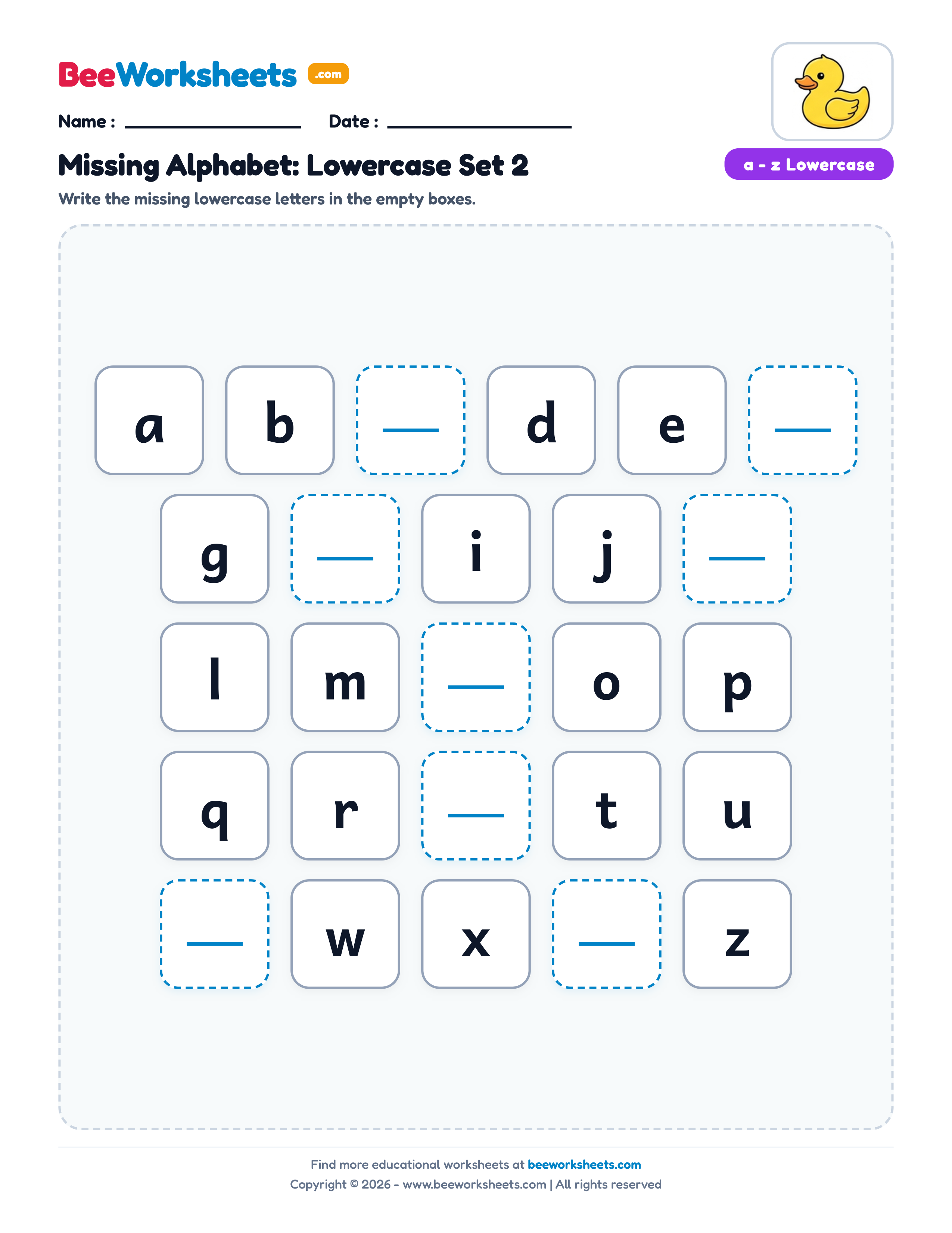 Missing Letters: Lowercase Alphabet Sequence (Set 2) Preview