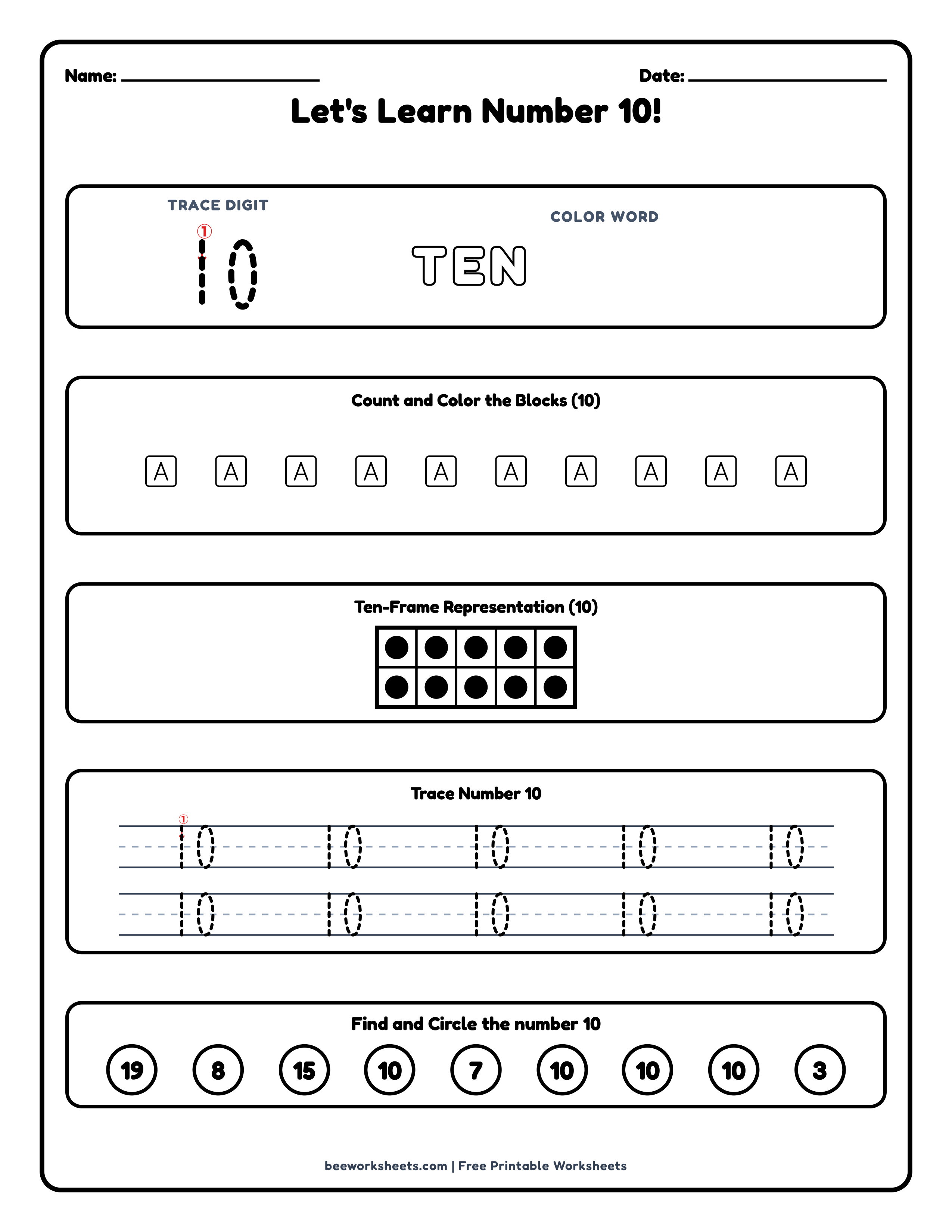 Teacher answer key and solutions preview for Number 10: Blocks Counting & Tracing Math Worksheet printable PDF