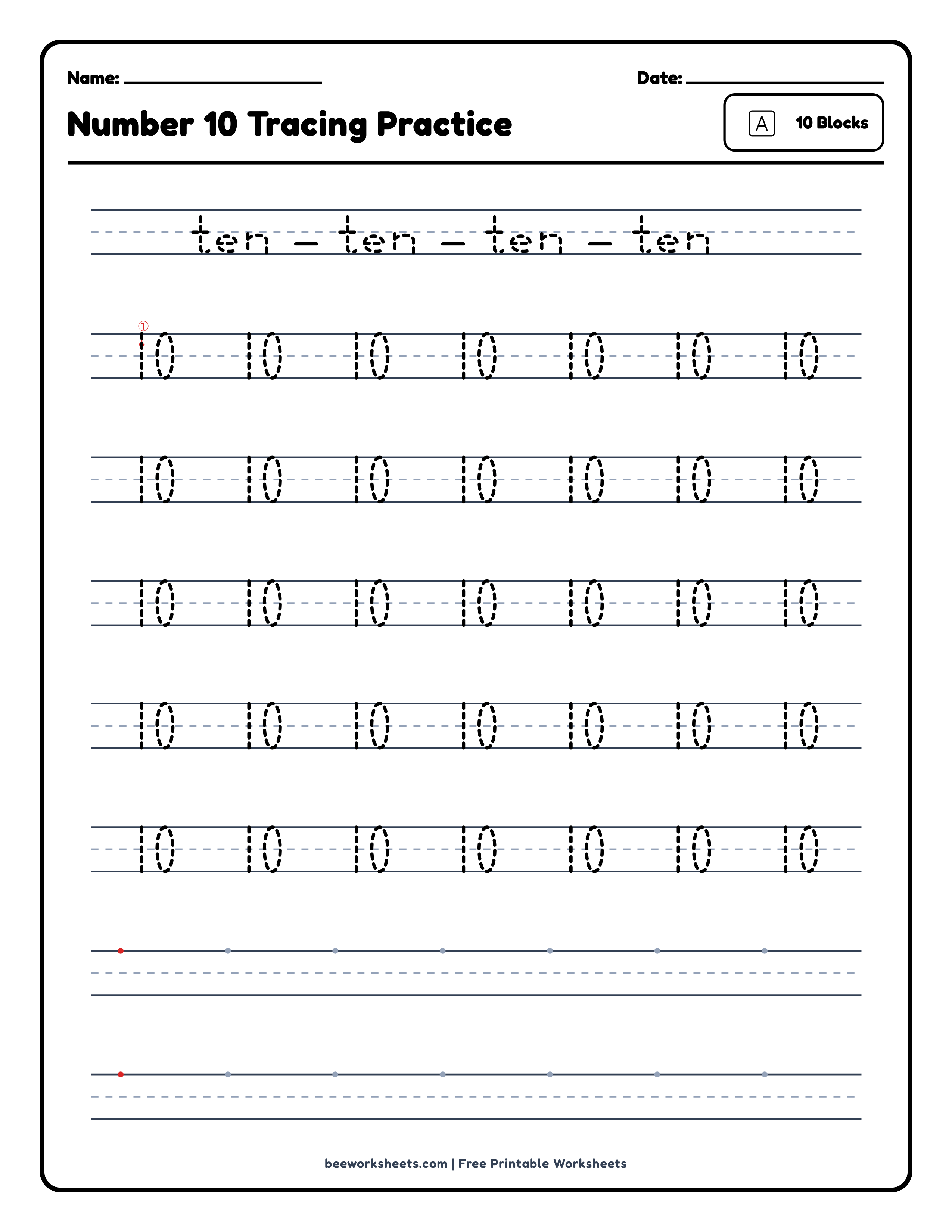 Number 10: Blocks Counting & Tracing Math Worksheet Preview