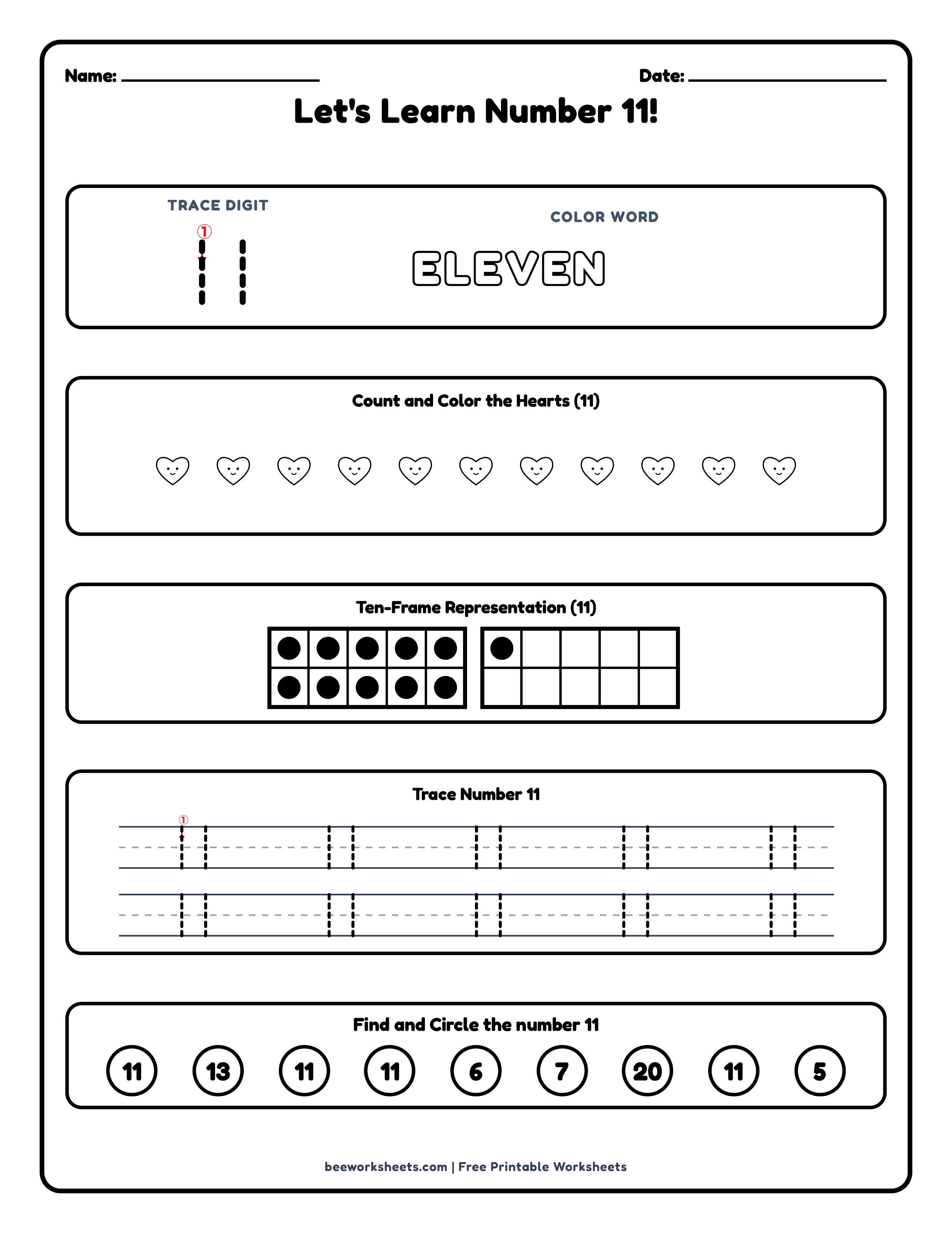 Teacher answer key and solutions preview for Number 11: Hearts Counting & Tracing Math Worksheet printable PDF
