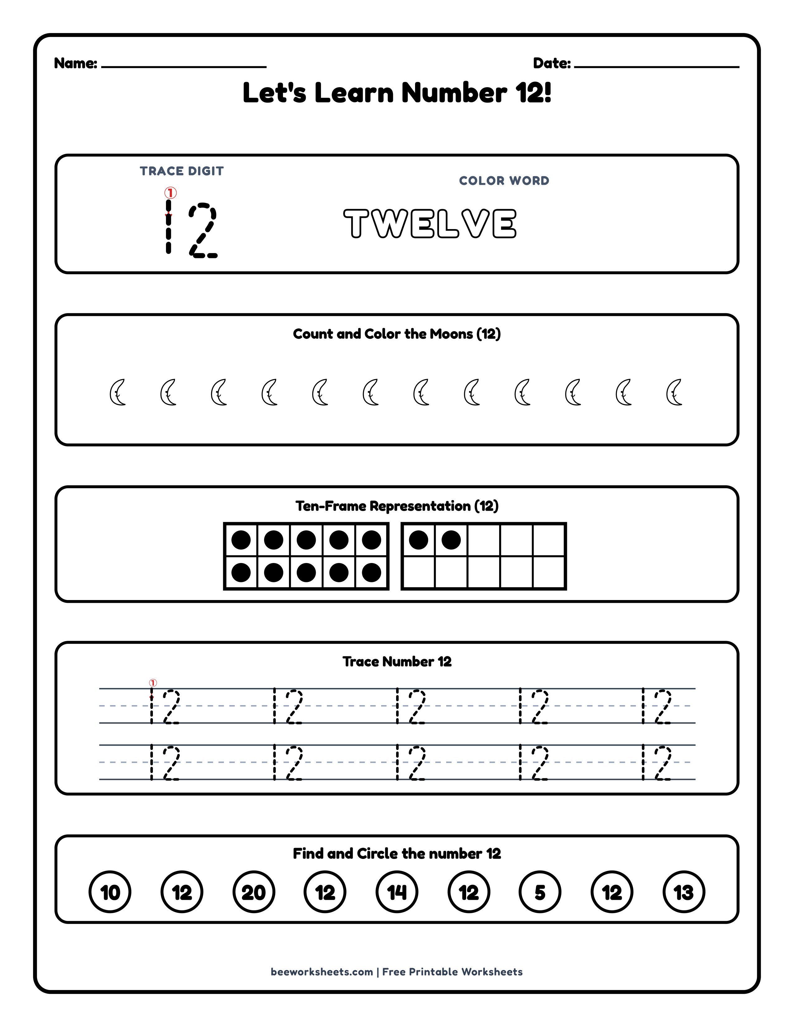 Teacher answer key and solutions preview for Number 12: Moons Counting & Tracing Math Worksheet printable PDF