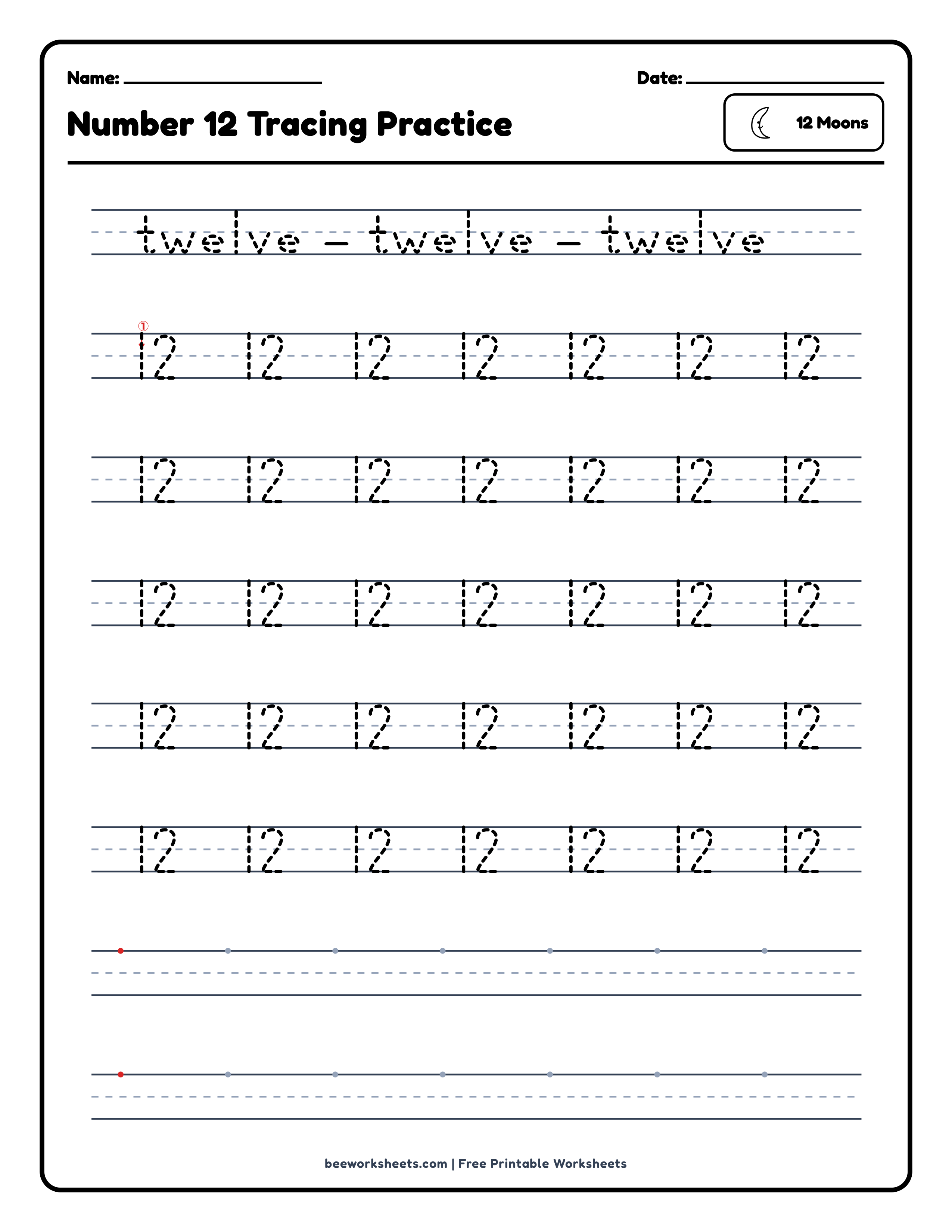 Number 12: Moons Counting & Tracing Math Worksheet Preview