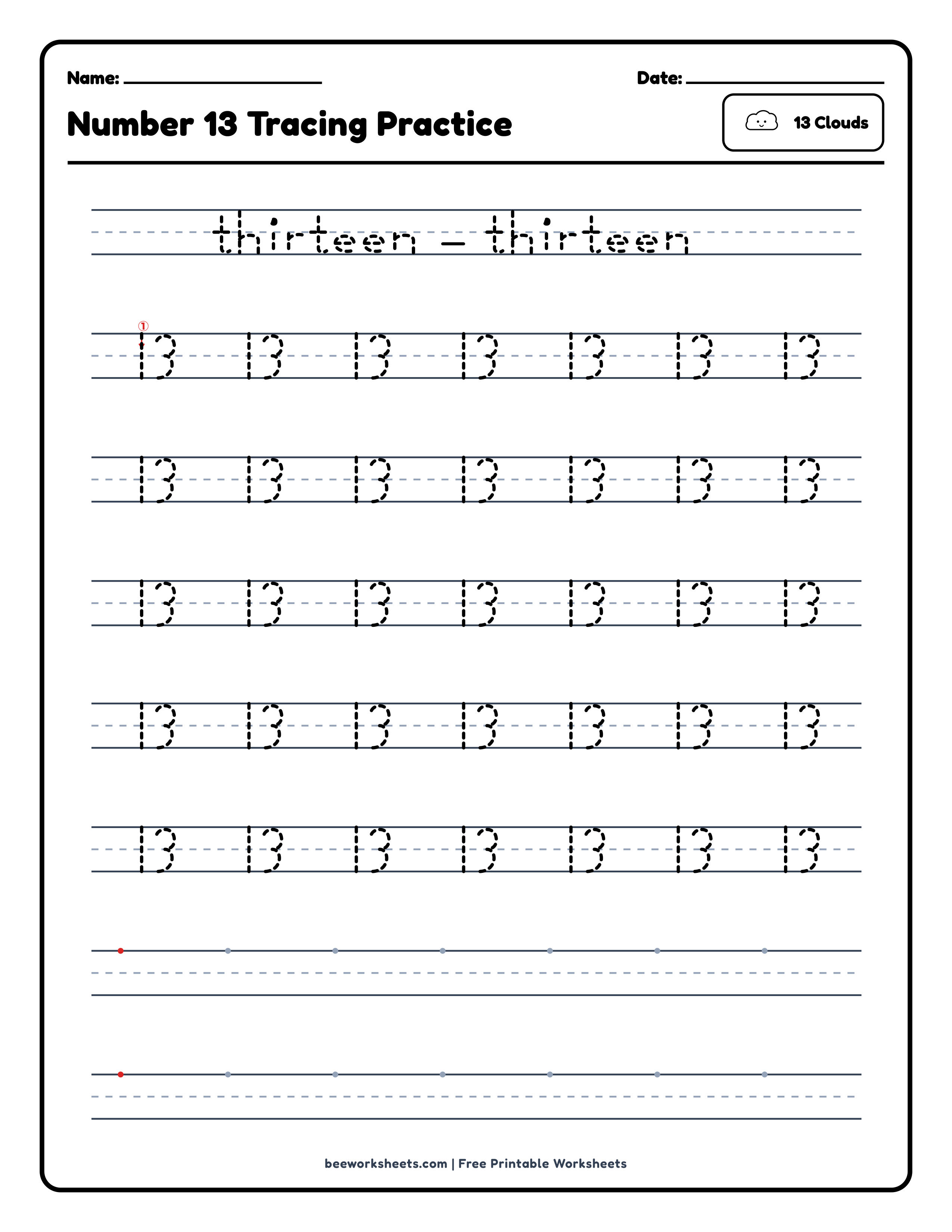 Number 13: Clouds Counting & Tracing Math Worksheet Preview