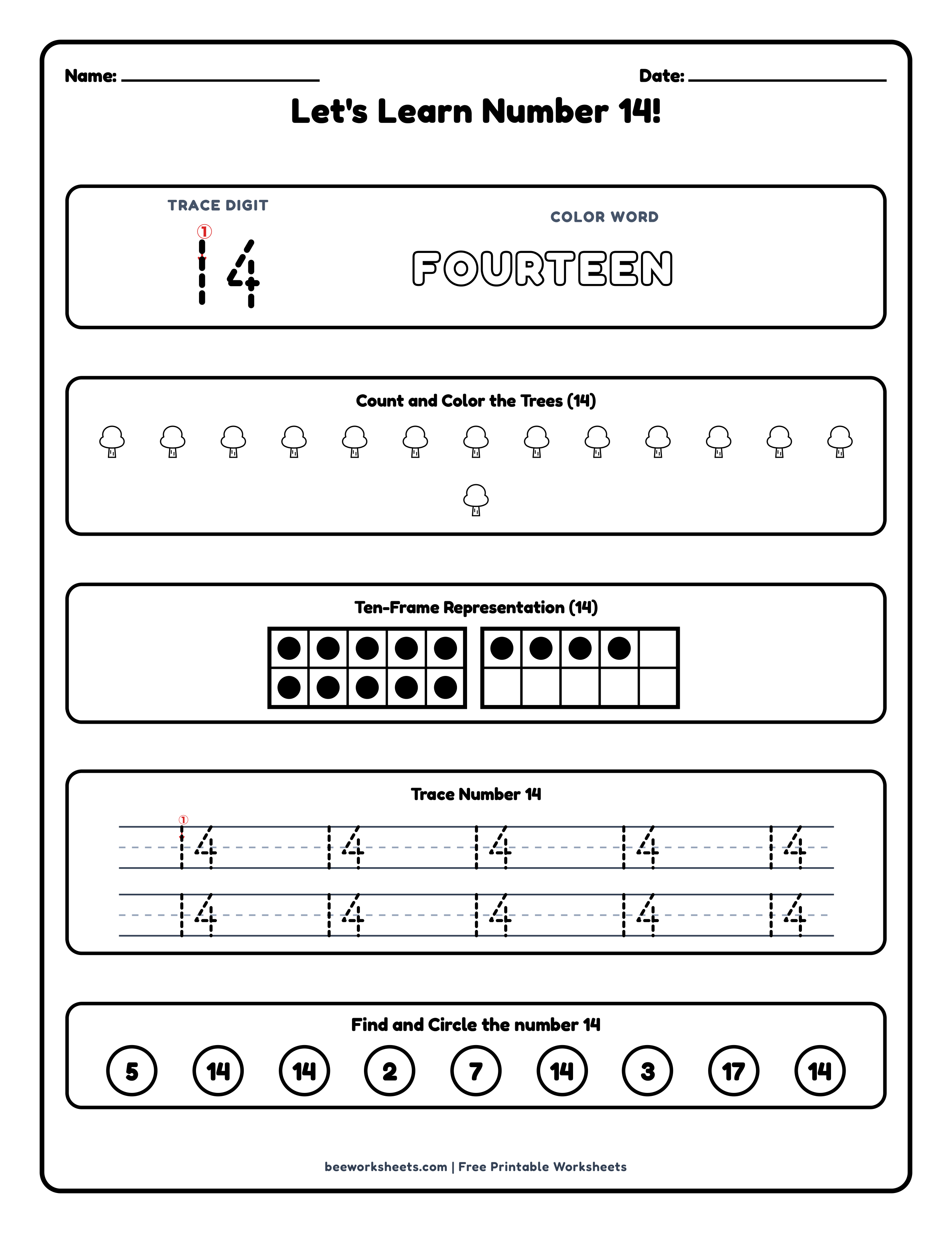 Teacher answer key and solutions preview for Number 14: Trees Counting & Tracing Math Worksheet printable PDF