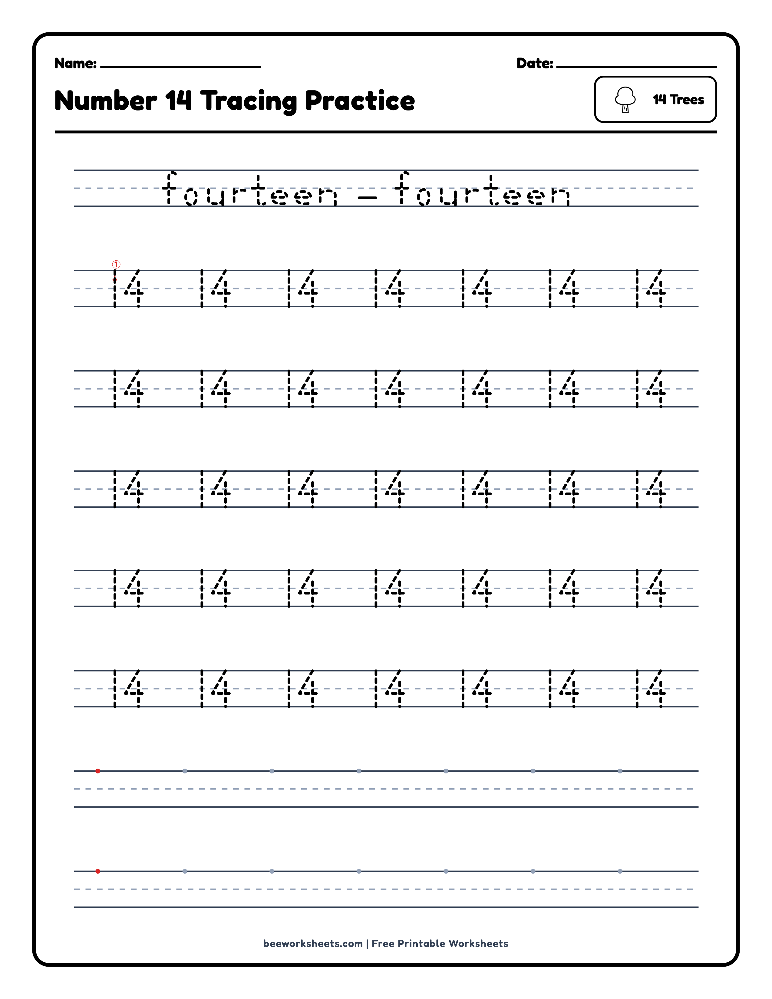 Number 14: Trees Counting & Tracing Math Worksheet Preview