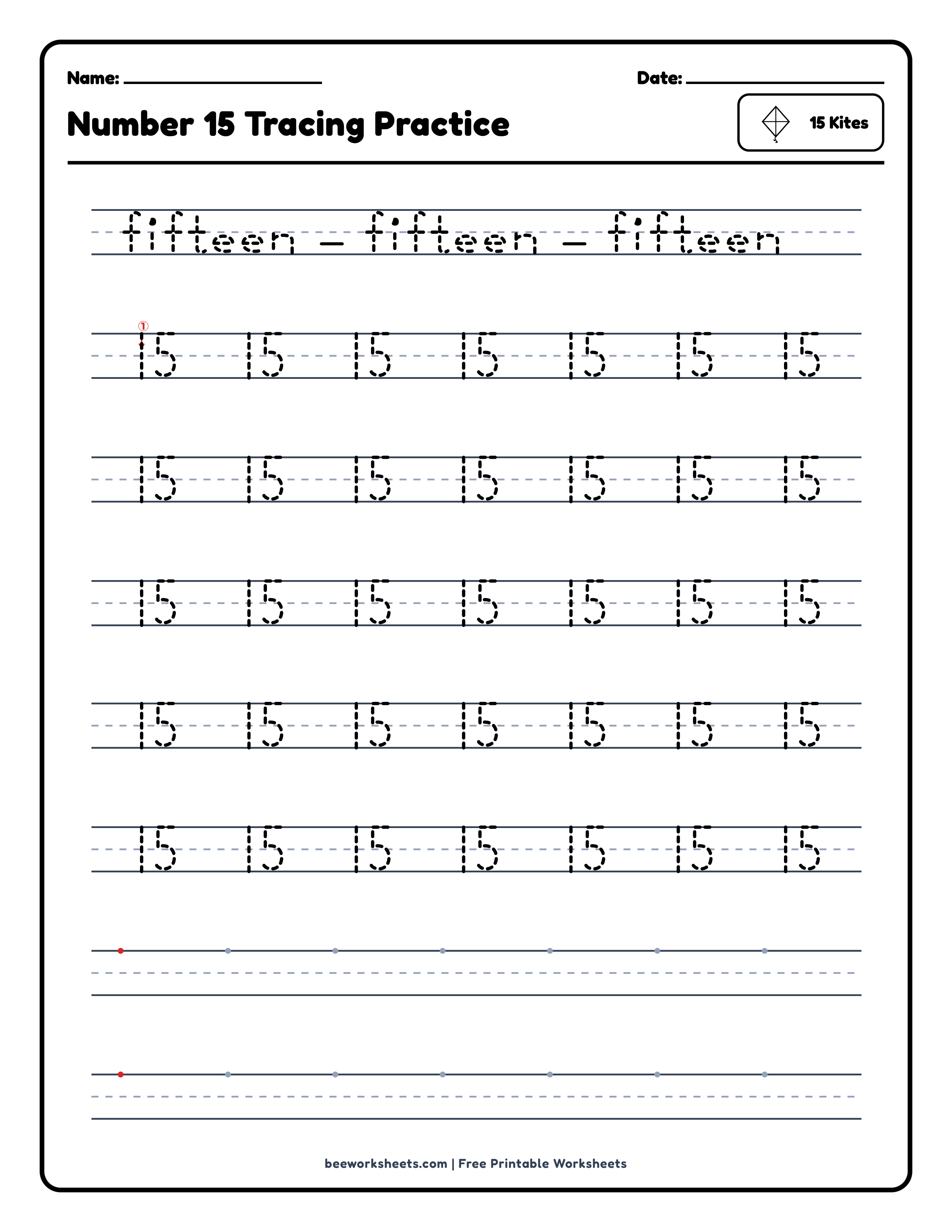 Number 15: Kites Counting & Tracing Math Worksheet Preview