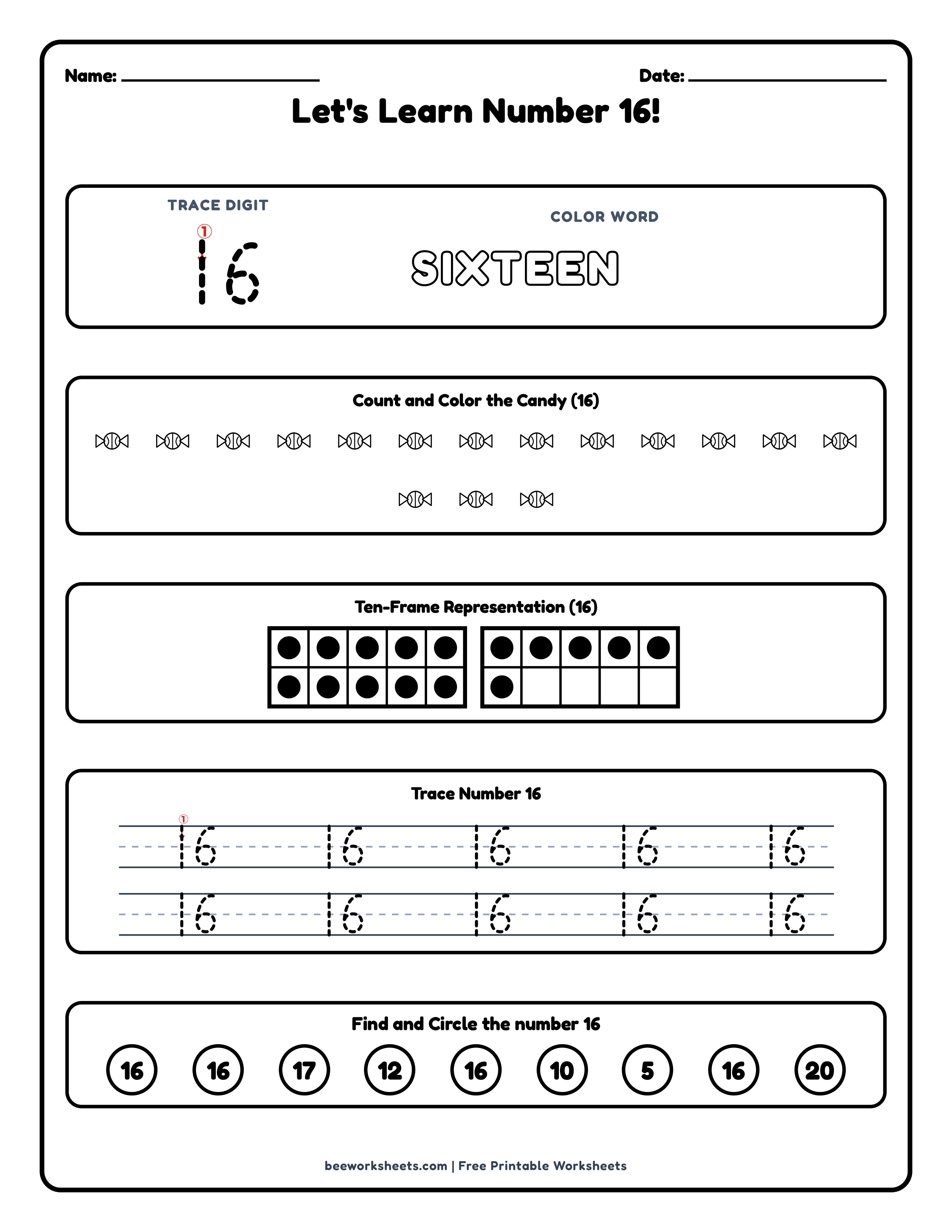 Teacher answer key and solutions preview for Number 16: Candy Counting & Tracing Math Worksheet printable PDF