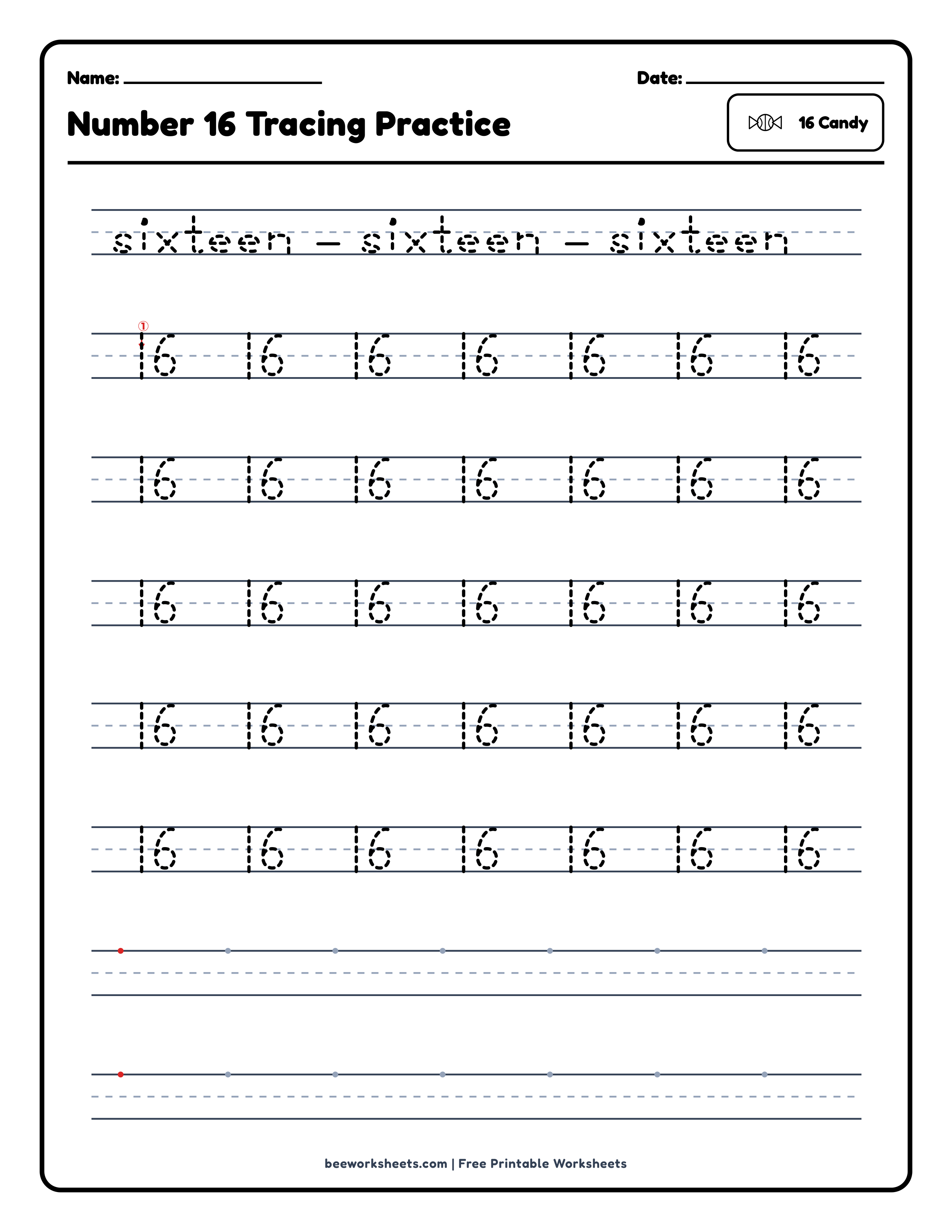 Number 16: Candy Counting & Tracing Math Worksheet Preview