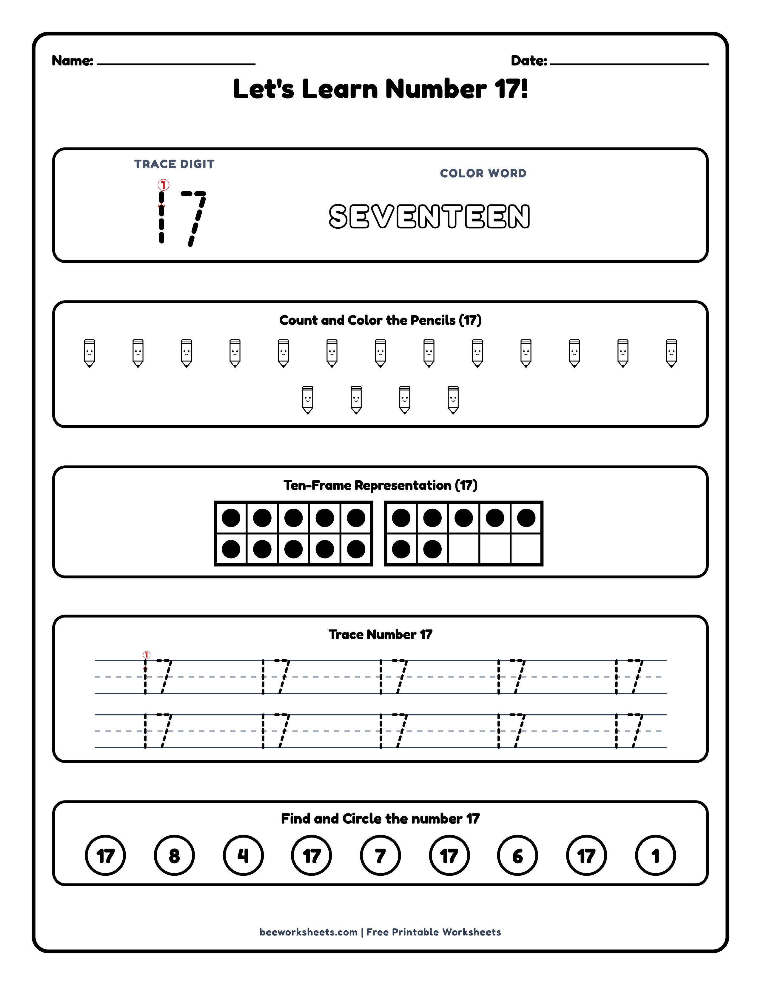 Teacher answer key and solutions preview for Number 17: Pencils Counting & Tracing Math Worksheet printable PDF