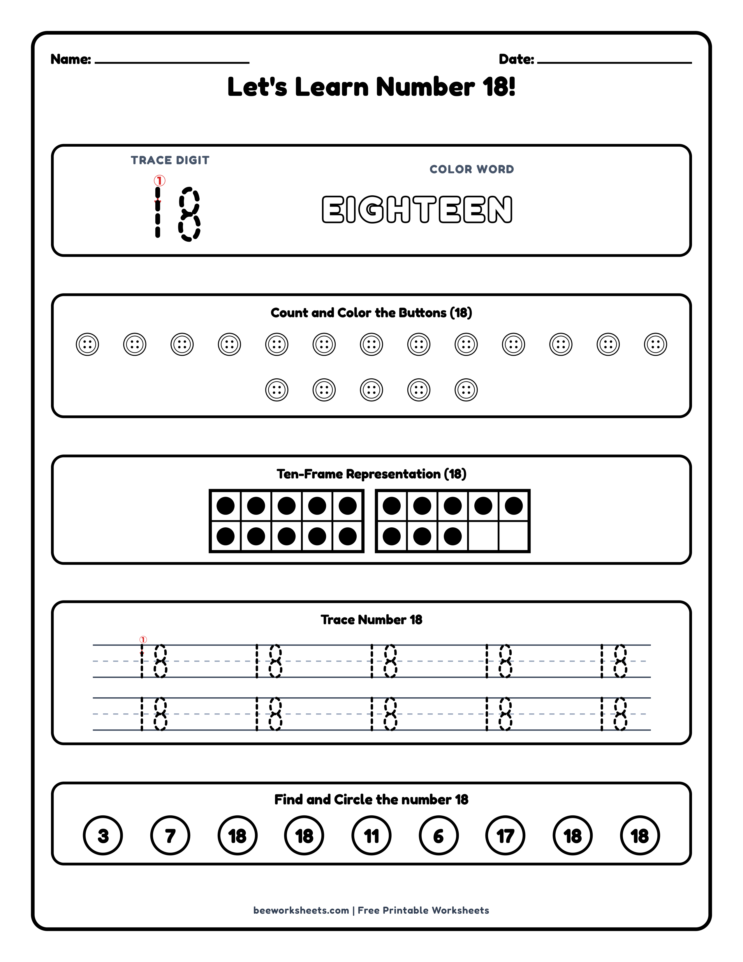 Teacher answer key and solutions preview for Number 18: Buttons Counting & Tracing Math Worksheet printable PDF