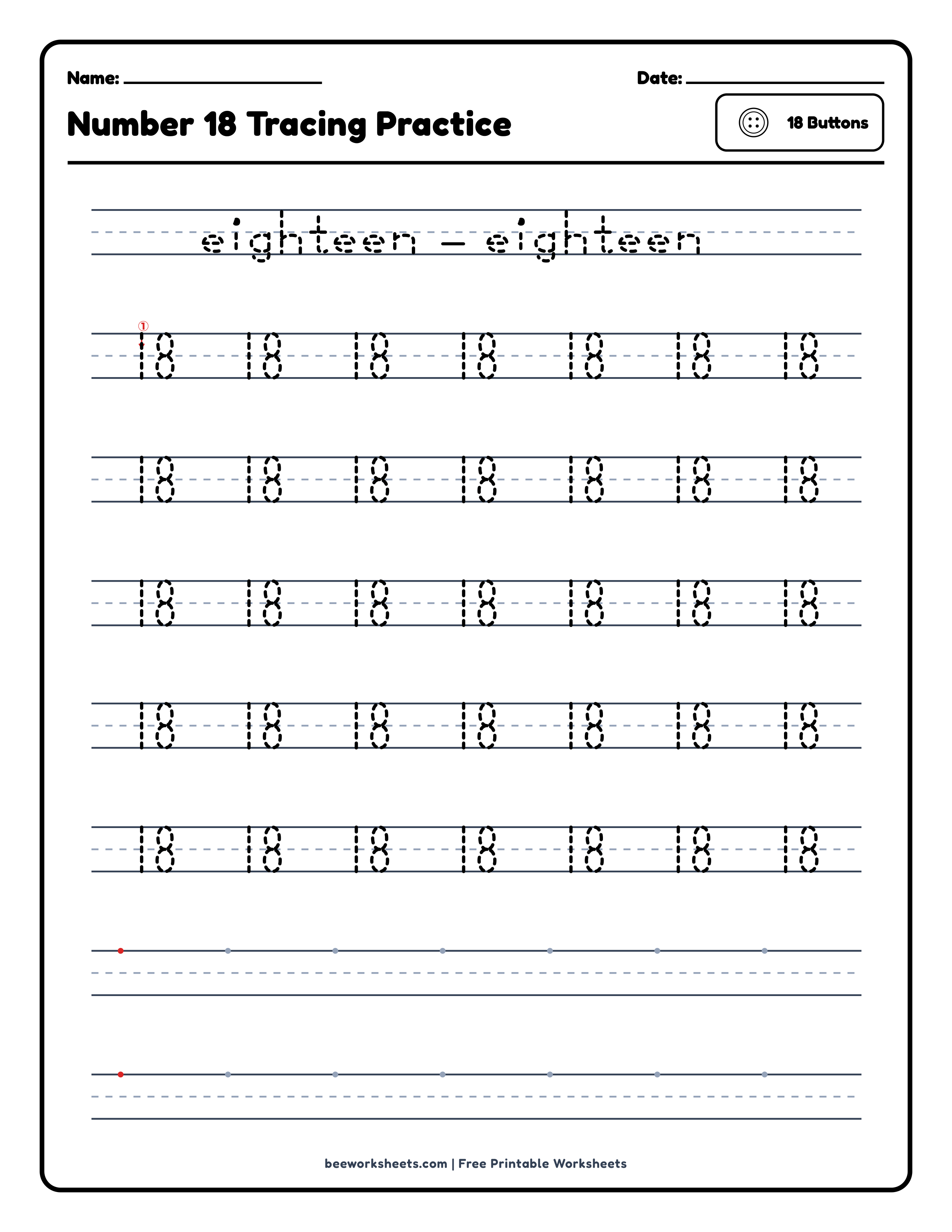 Number 18: Buttons Counting & Tracing Math Worksheet Preview