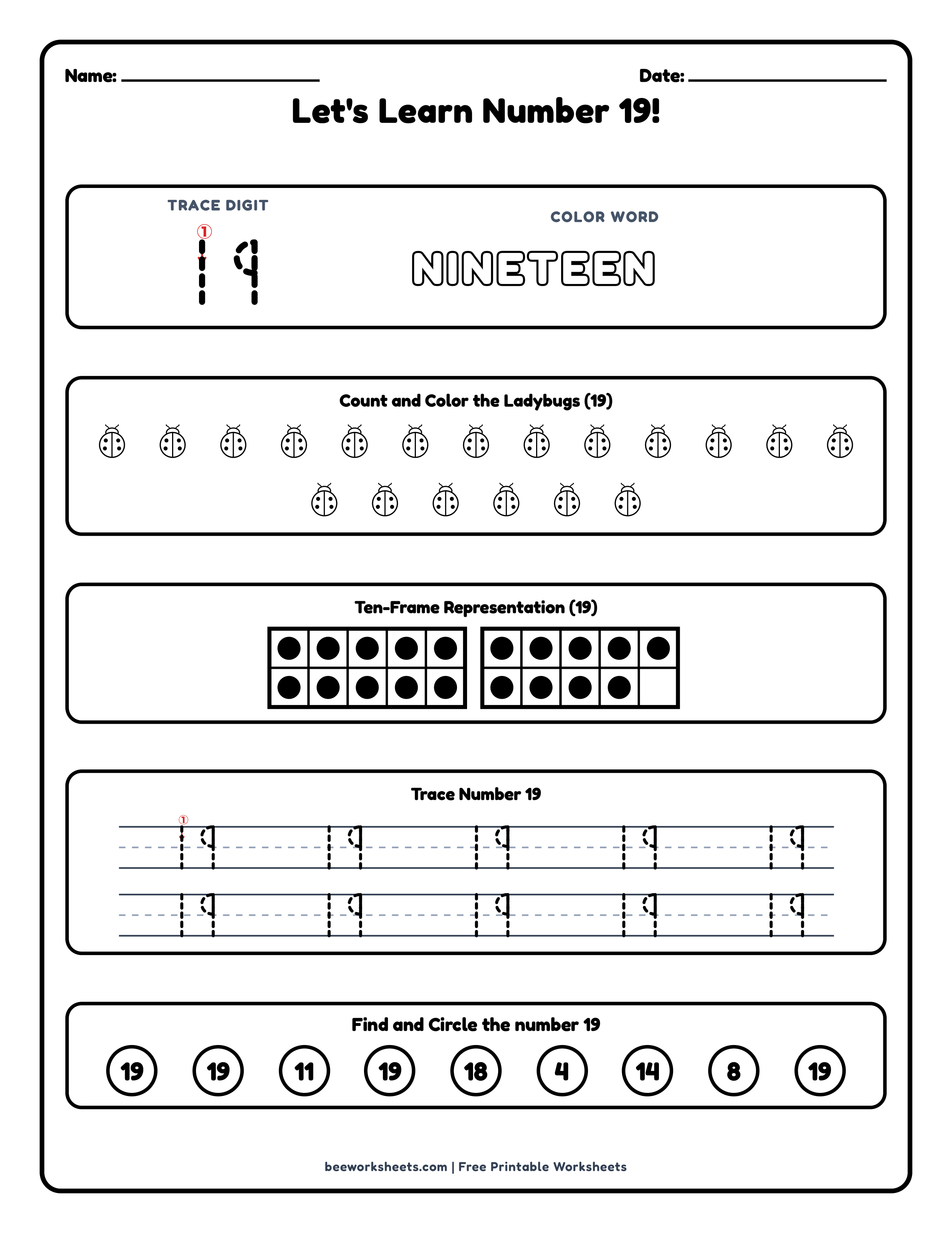 Teacher answer key and solutions preview for Number 19: Ladybugs Counting & Tracing Math Worksheet printable PDF