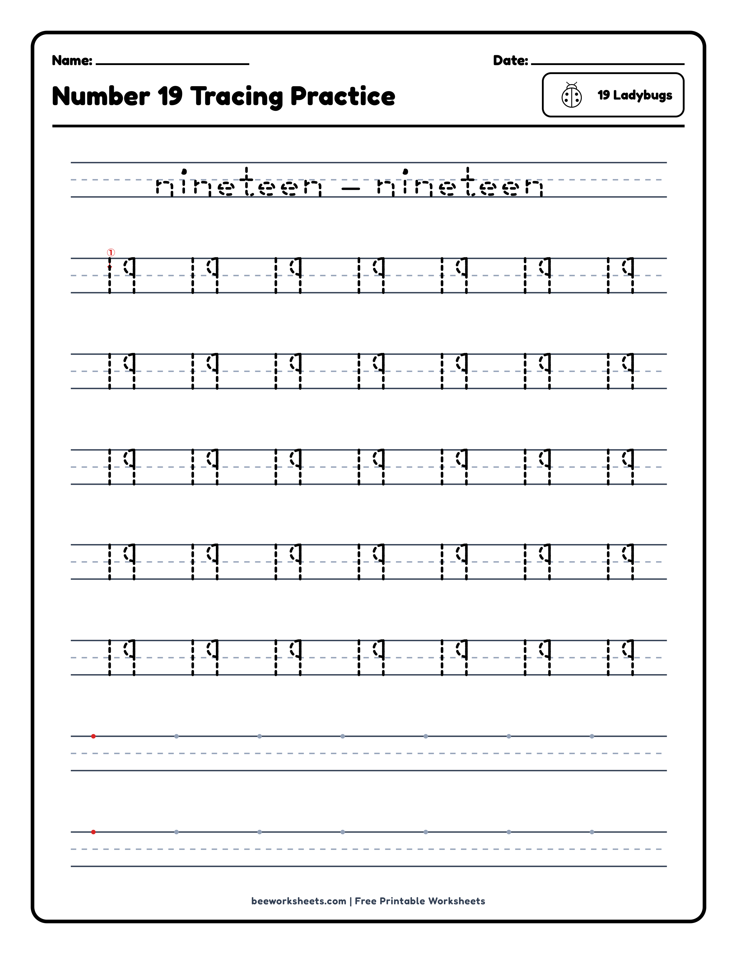 Number 19: Ladybugs Counting & Tracing Math Worksheet Preview
