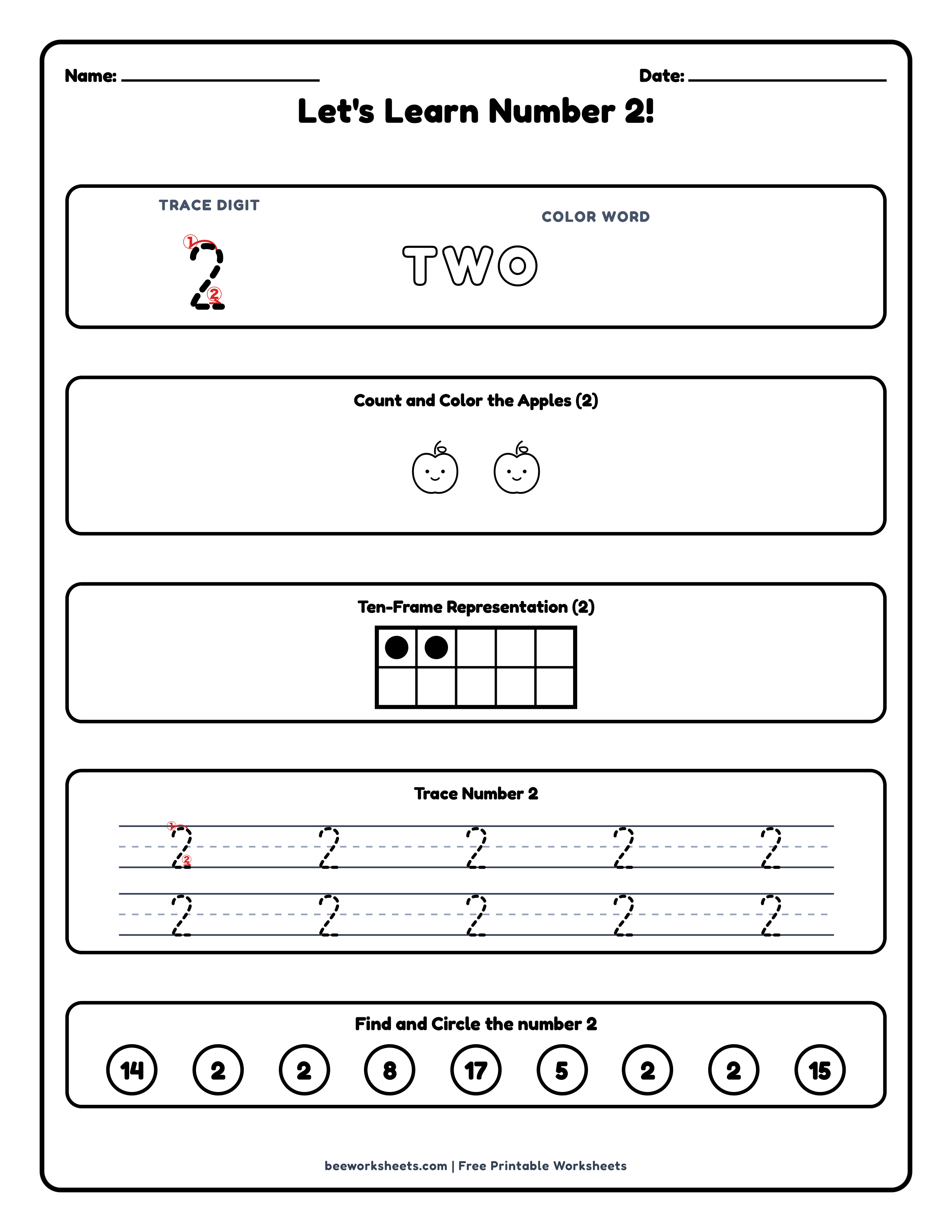 Teacher answer key and solutions preview for Number 2: Apples Counting & Tracing Math Worksheet printable PDF