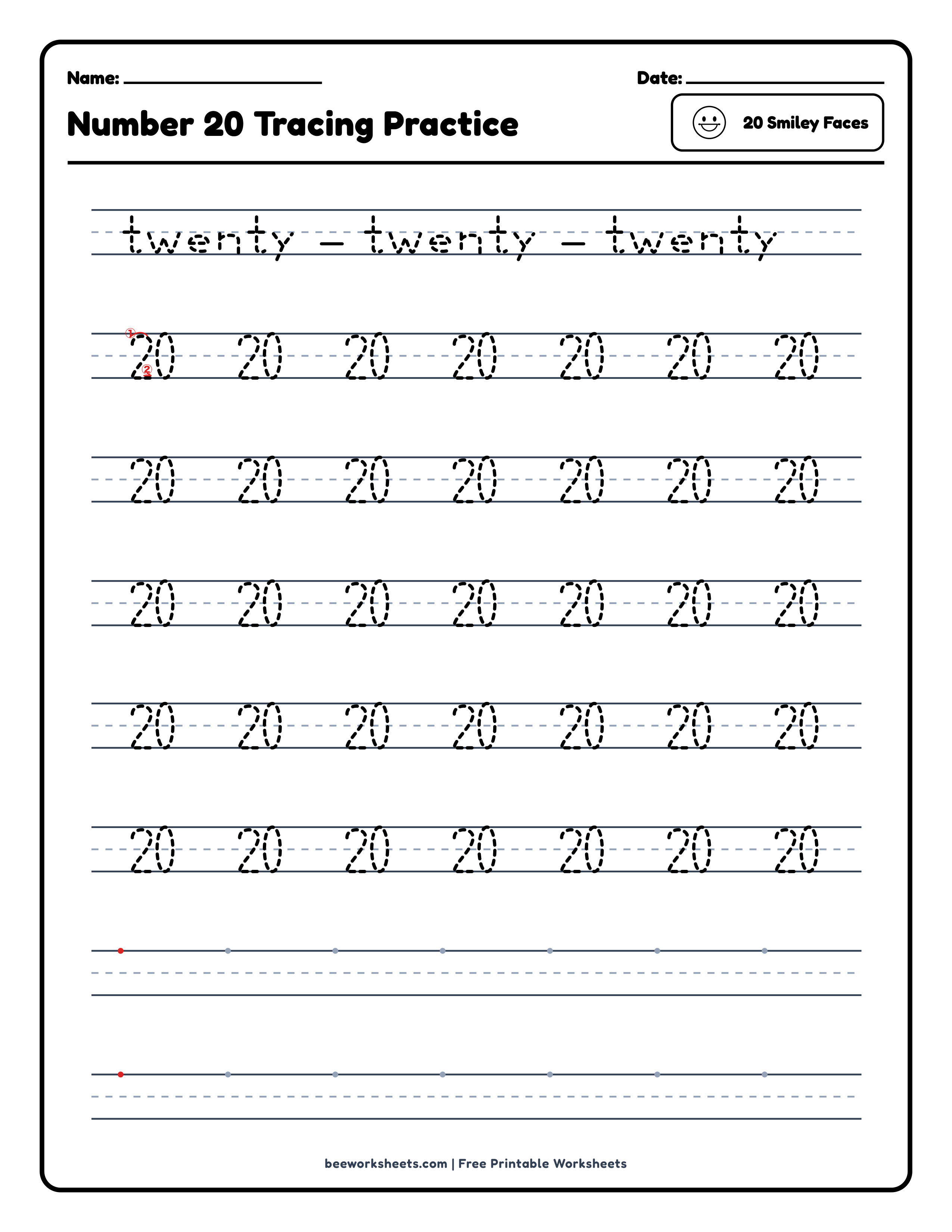 Number 20: Smiley Faces Counting & Tracing Math Worksheet Preview