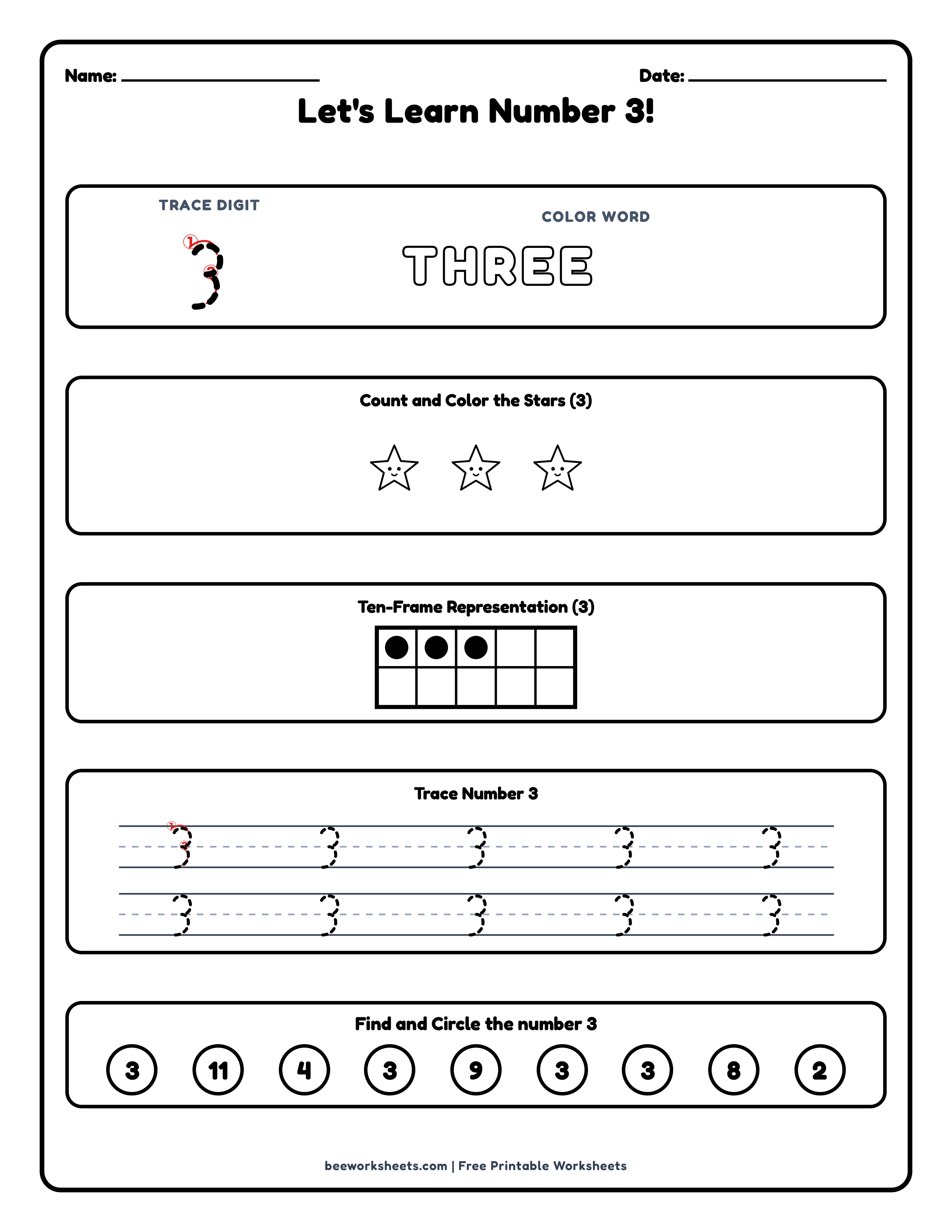 Teacher answer key and solutions preview for Number 3: Stars Counting & Tracing Math Worksheet printable PDF