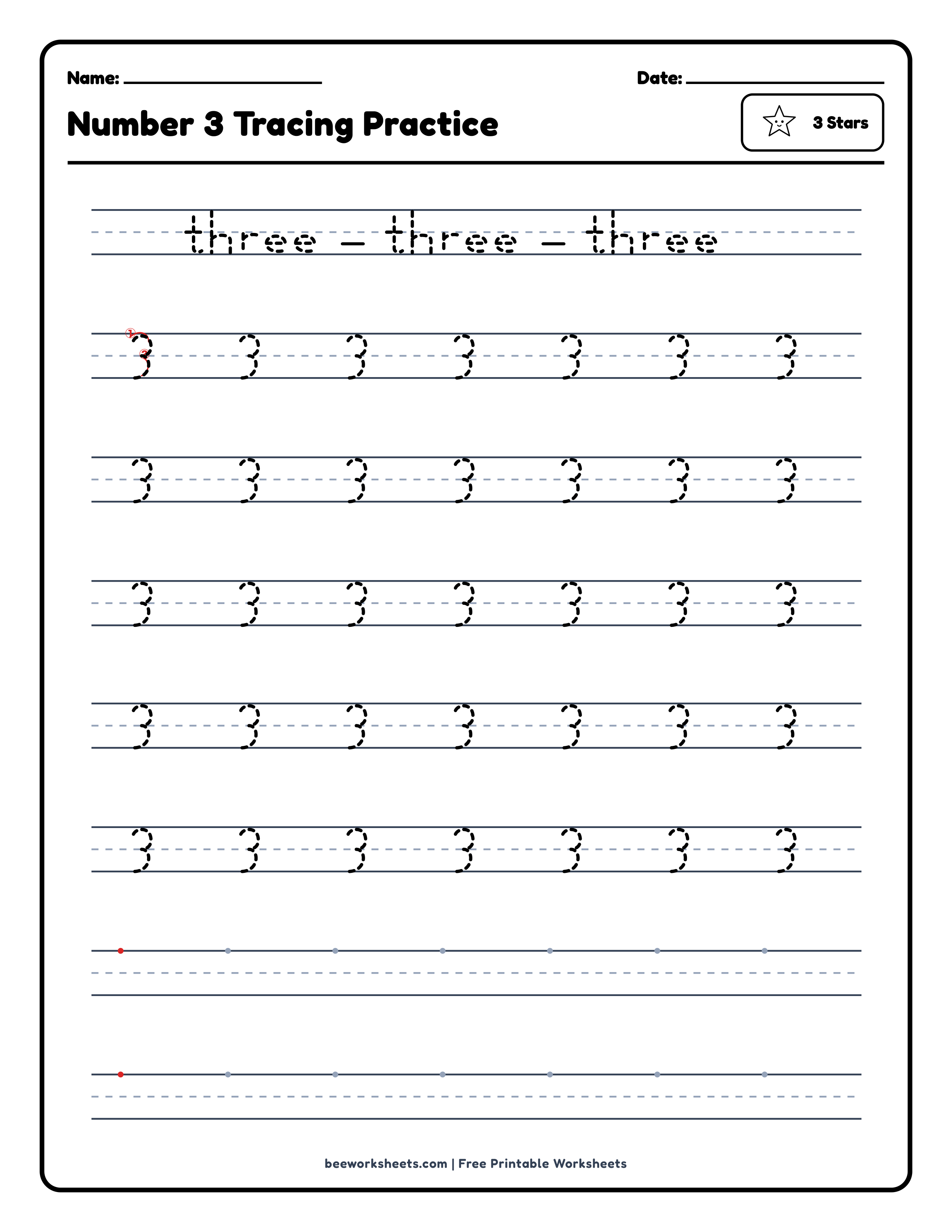 Number 3: Stars Counting & Tracing Math Worksheet Preview