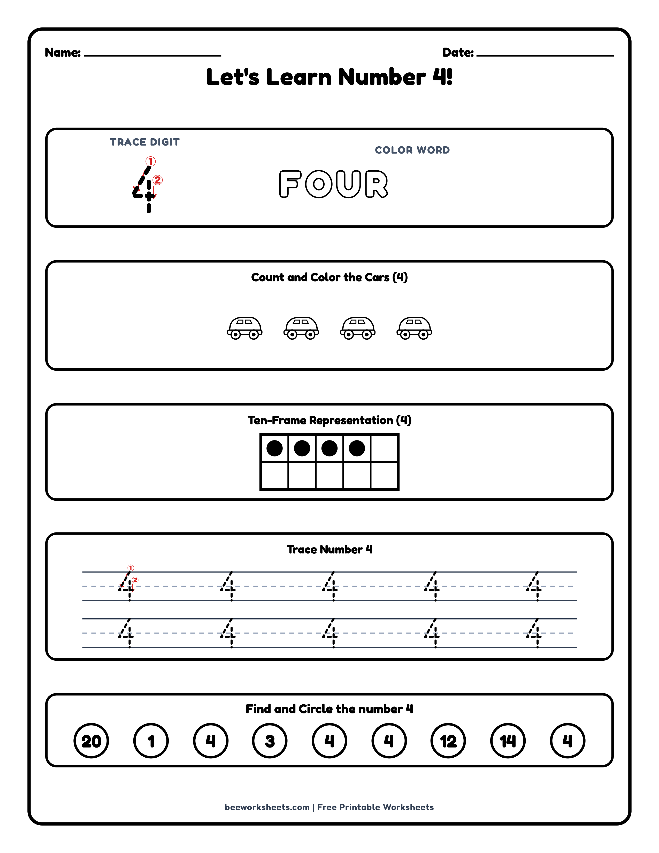 Teacher answer key and solutions preview for Number 4: Cars Counting & Tracing Math Worksheet printable PDF