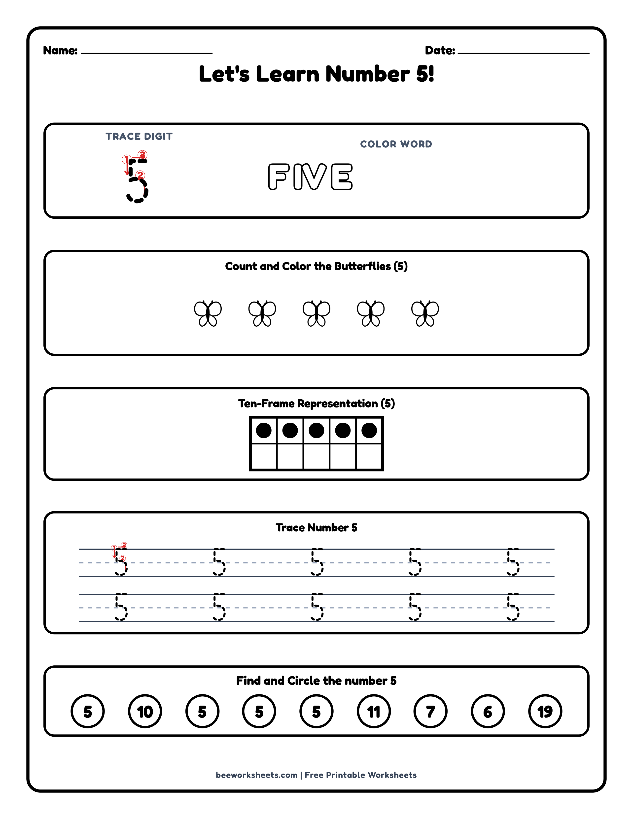 Teacher answer key and solutions preview for Number 5: Butterflies Counting & Tracing Math Worksheet printable PDF