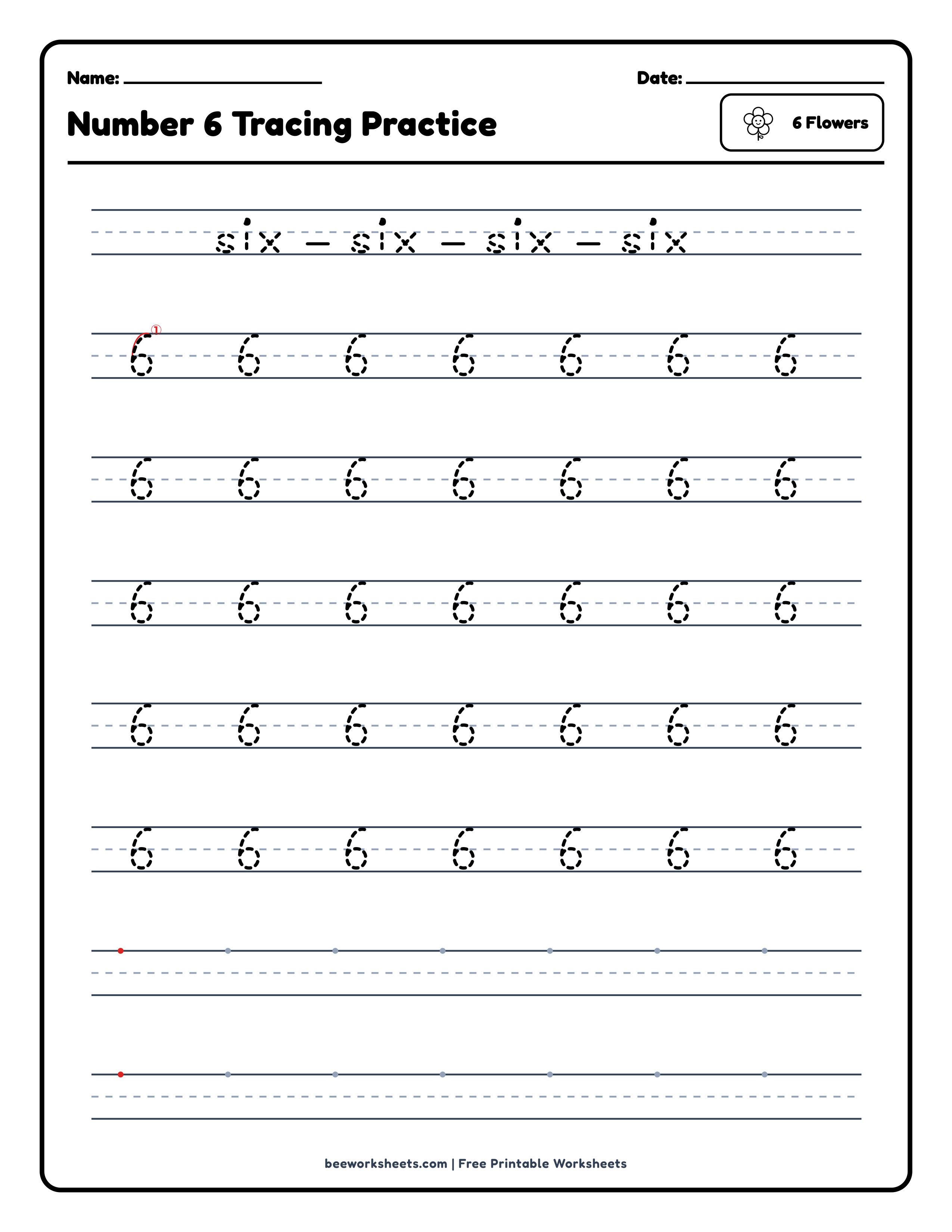 Number 6: Flowers Counting & Tracing Math Worksheet Preview