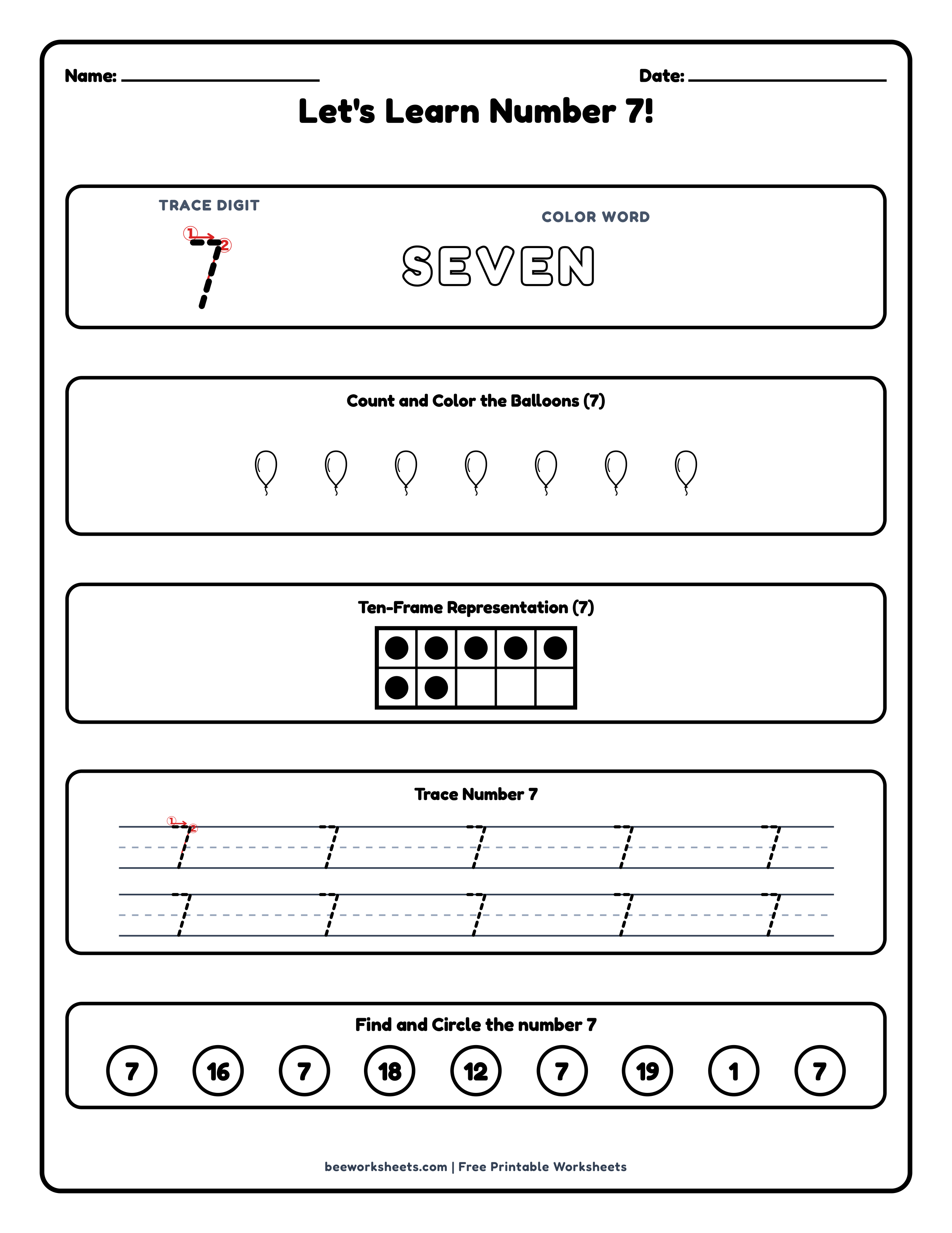 Teacher answer key and solutions preview for Number 7: Balloons Counting & Tracing Math Worksheet printable PDF