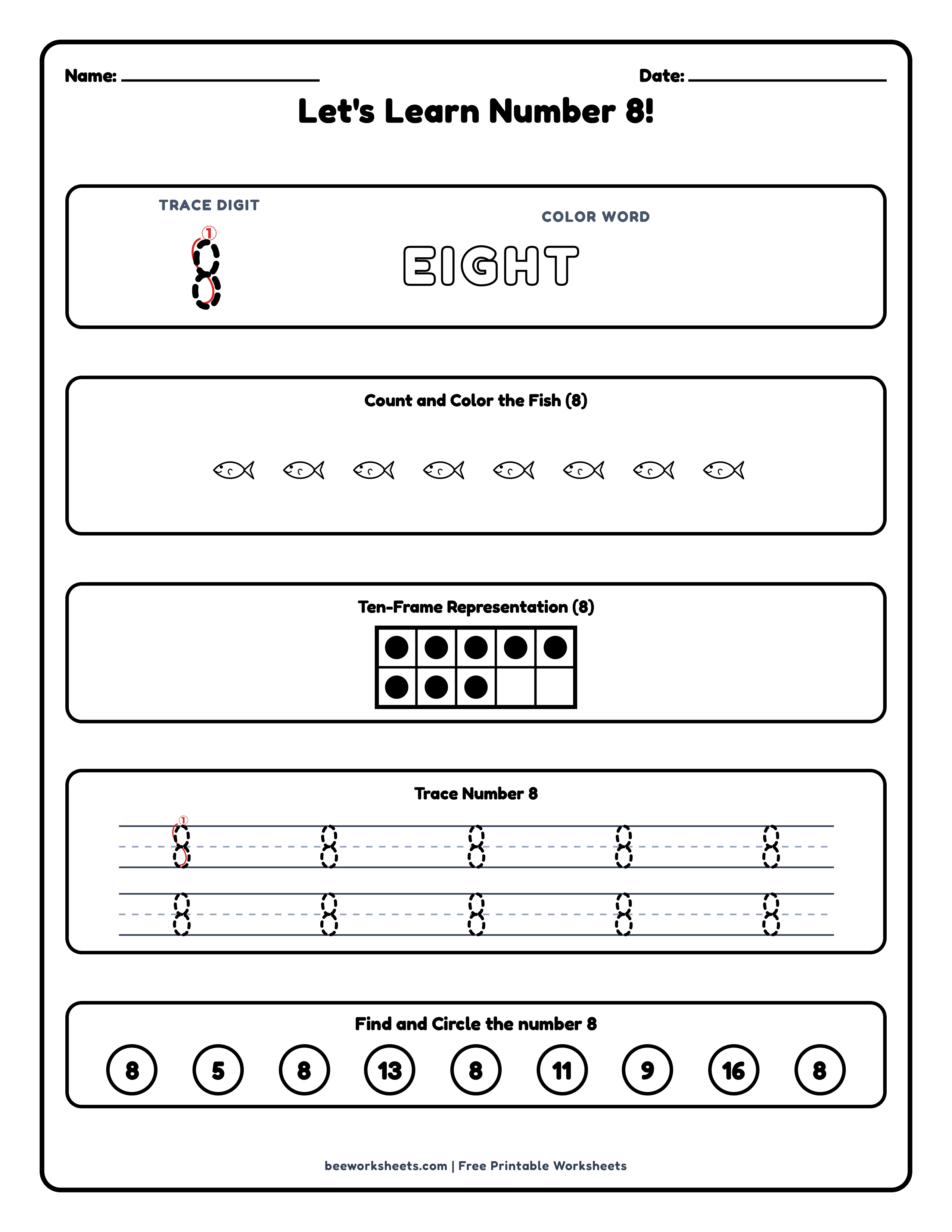 Teacher answer key and solutions preview for Number 8: Fish Counting & Tracing Math Worksheet printable PDF